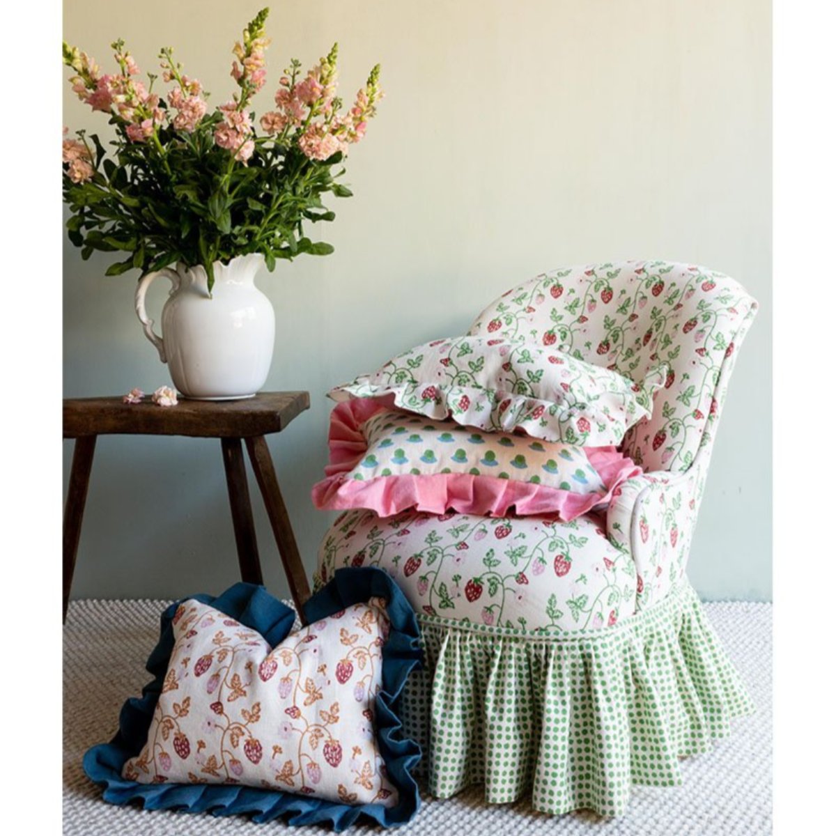 Strawberry Grass Cushion with Frill - Soft Decorative Pillow for Home, Bedroom, and Living Room - Perfect for Cozy Comfort and Stylish Decor