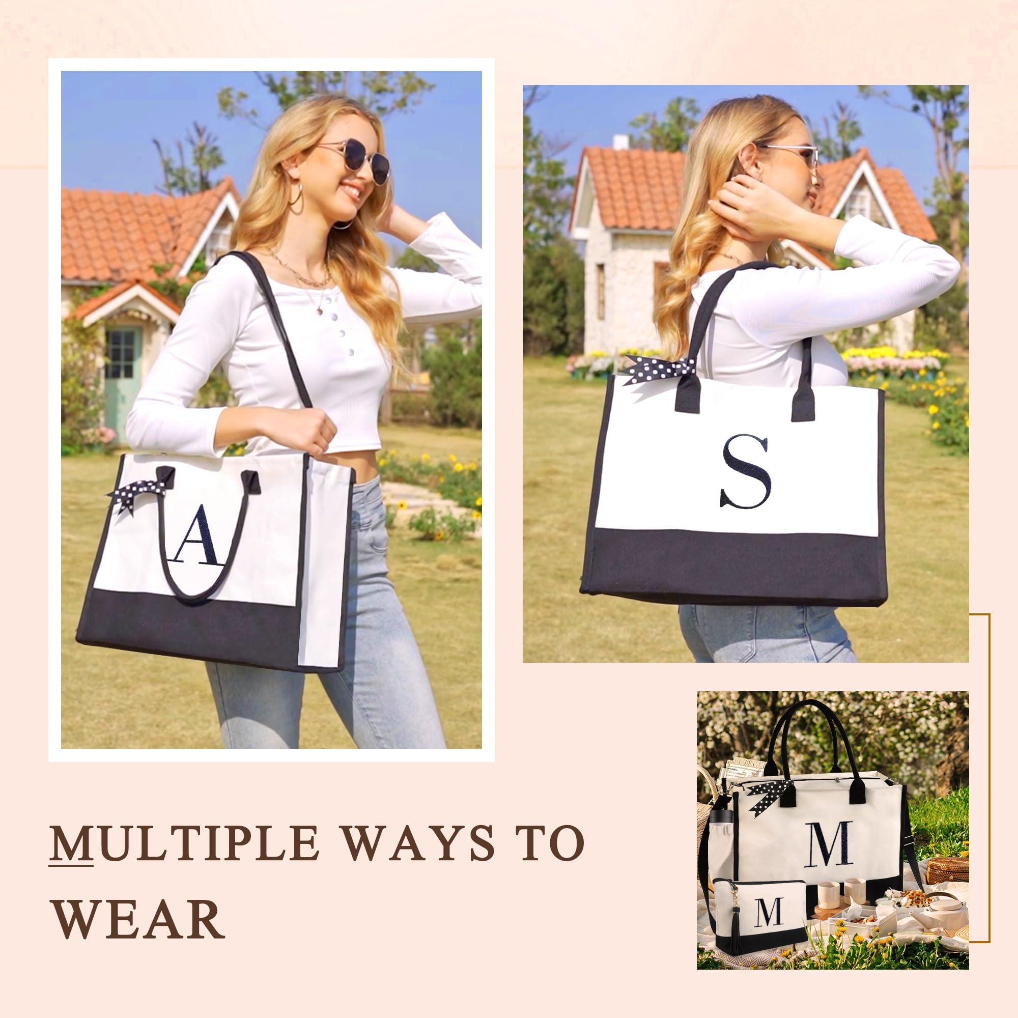 Personalized Monogram Initial Tote Bag for Women - BeeGreen Canvas Gift for Mom, Teacher, Friend Birthday - Perfect for Mother's Day, Holiday Relaxation & Everyday Use