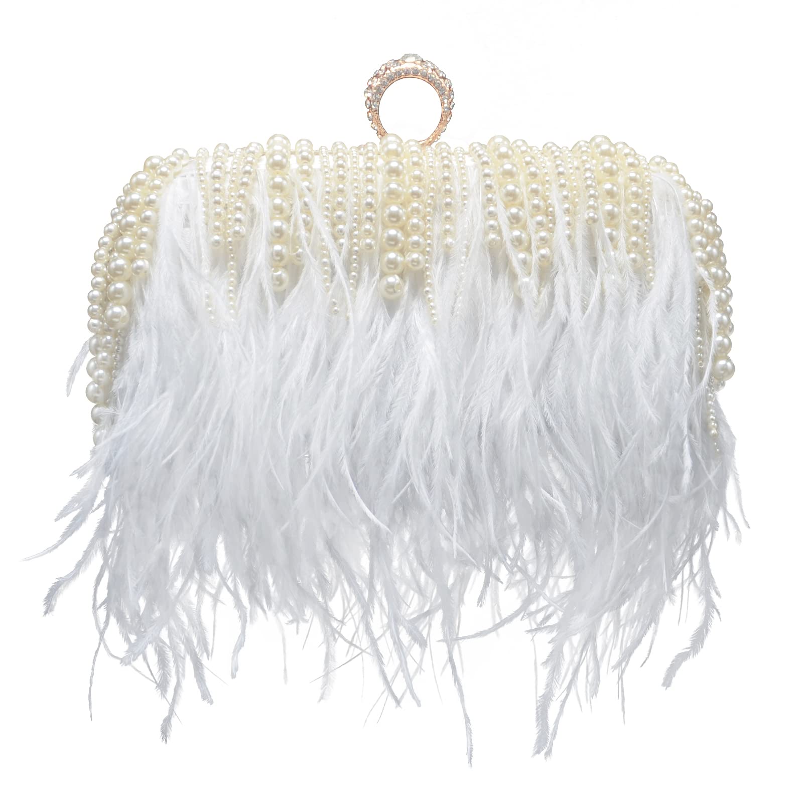 Miuco Women's Ostrich Feather Pearl Clutch Purse - Elegant Wedding Party Evening Bag with Shoulder Strap | Perfect for Prom, Cocktail Parties & Formal Events