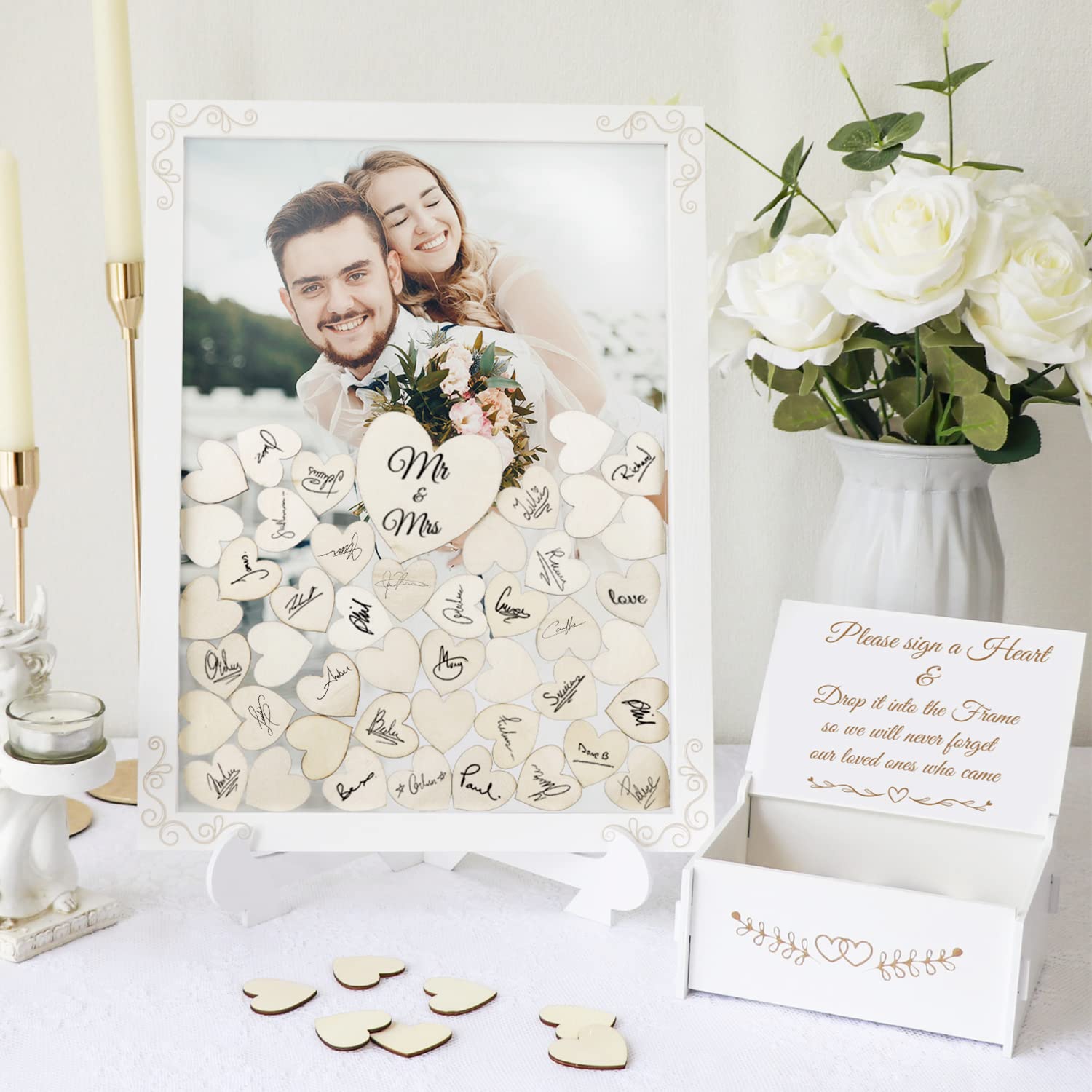 Elegant Wedding Guest Book Alternative - White Wooden Guest Book Drop Box with Stand, 71 Wooden Hearts & Plywood Box - Perfect for Anniversary, Wedding Reception & Bridal Shower Gifts - Create Lasting Memories at Your Special Event