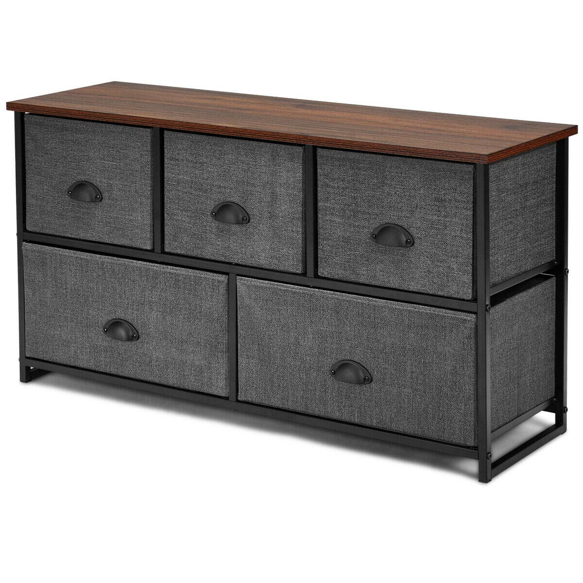 5-Tier Black Non-Woven Fabric Dresser Storage Organizer with Removable Folding Drawers & Steel Frame - Perfect for Clothes, Linens, Workout Gear, Leggings, Yoga Pants & Blankets - Ideal for Bedroom, Closet, Nursery and Dorm Organization