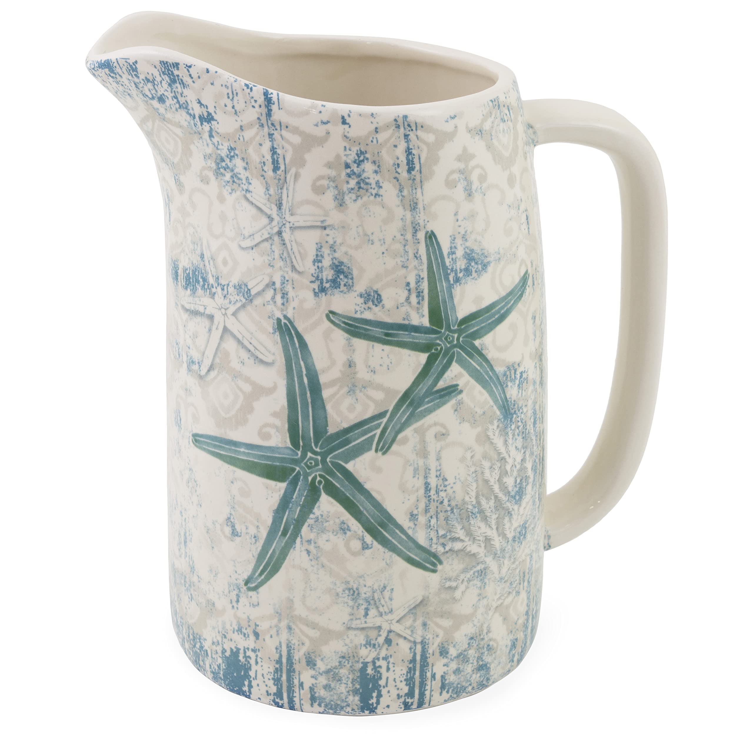 Boston International Ceramic Drink Pitcher - 44oz (5.5 Cups) Laguna Shells Design - Elegant Beverage Dispenser for Iced Tea, Lemonade & Summer Parties