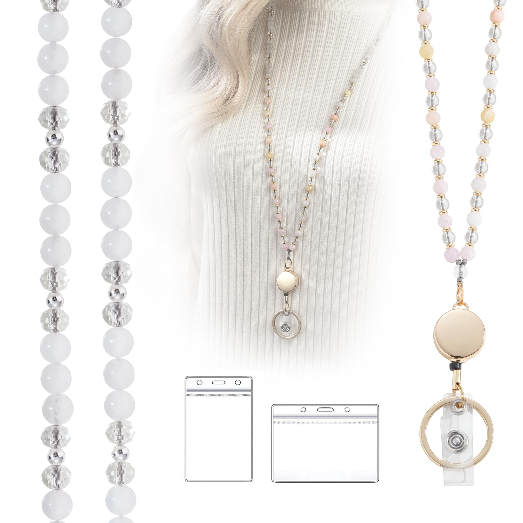 Retractable Beaded Lanyards for Women - ID Badges & Keys - Natural Stone & Morganite - Perfect for Teachers & Office Use