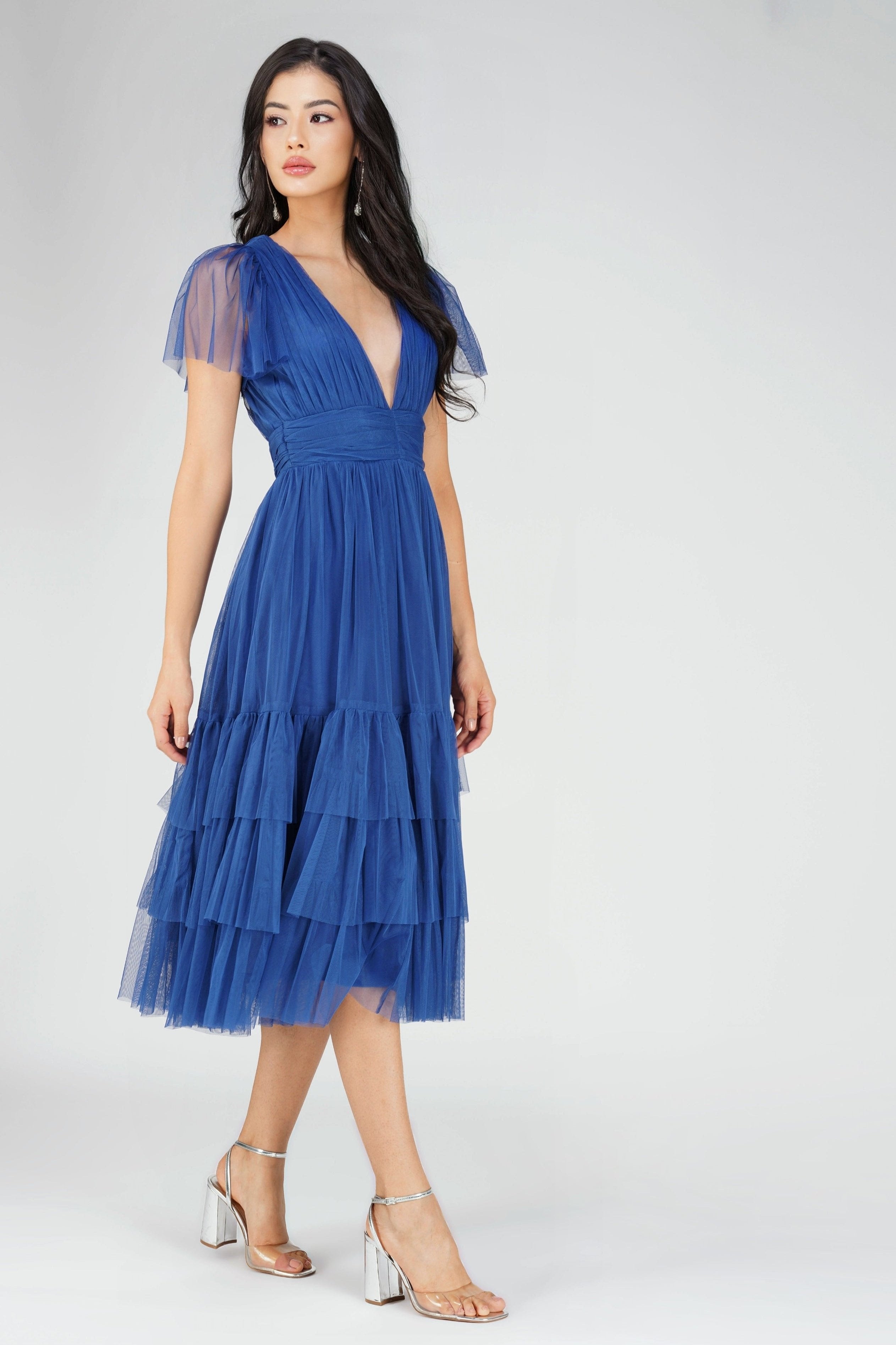 Madison Cobalt Blue Tulle Bridesmaid Midi Dress - Elegant Formal Gown for Weddings, Prom & Special Occasions