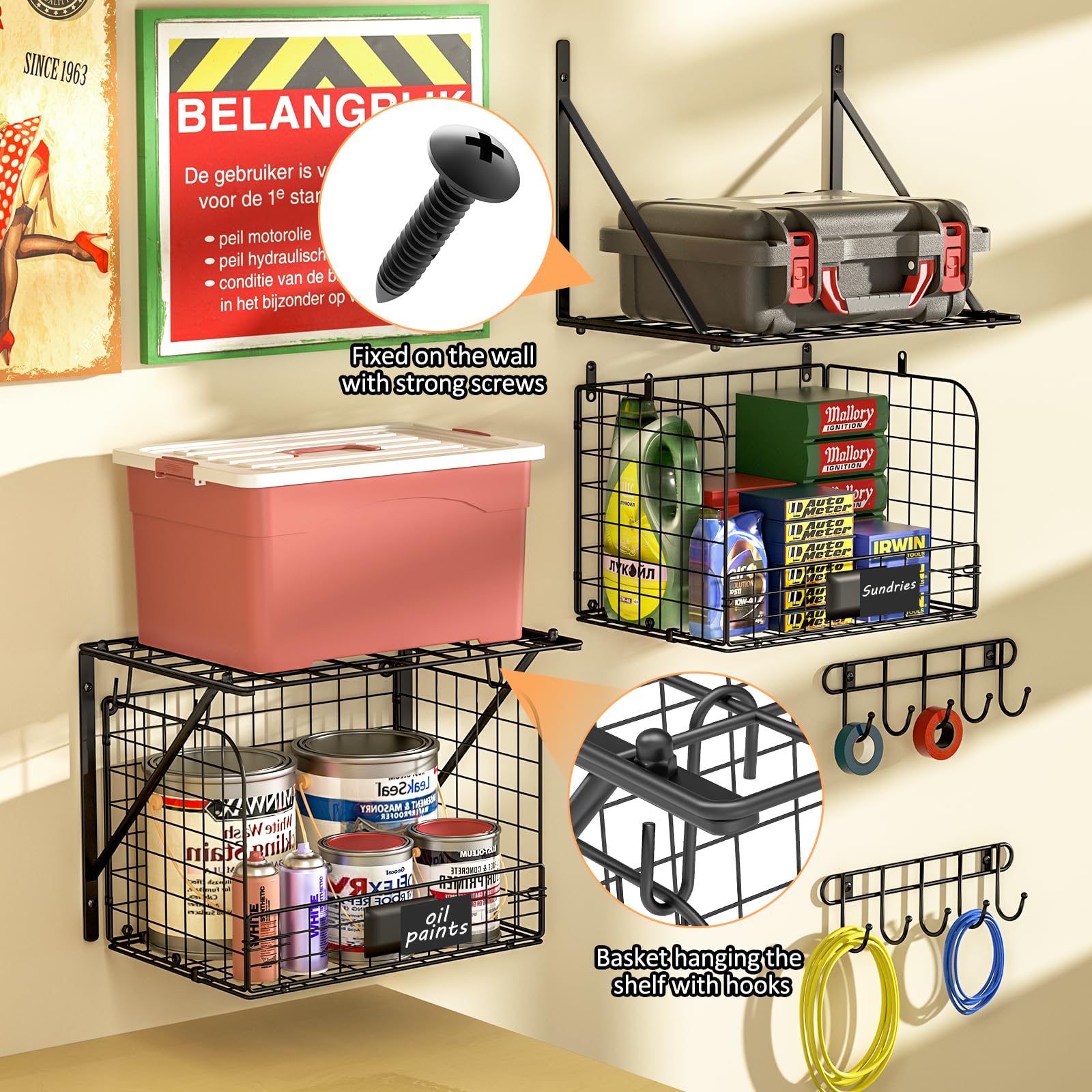 2 Pack Heavy Duty Wall Mounted Garage Shelves with Wire Baskets & Hooks - Sturdy Metal Storage Shelving for Tools, Garden Supplies & Garage Organization - Perfect for Home, Workshop & DIY Storage Solutions