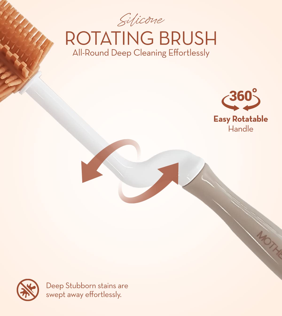 MOTHER-K Rotating Silicone Bottle Brush Set - 2-in-1 Cleaning Brush for Baby Bottles, Sports Water Bottles, Vases & Glassware - Safe & Durable Brown Silicone Scrubber for Easy Cleaning at Home or Travel
