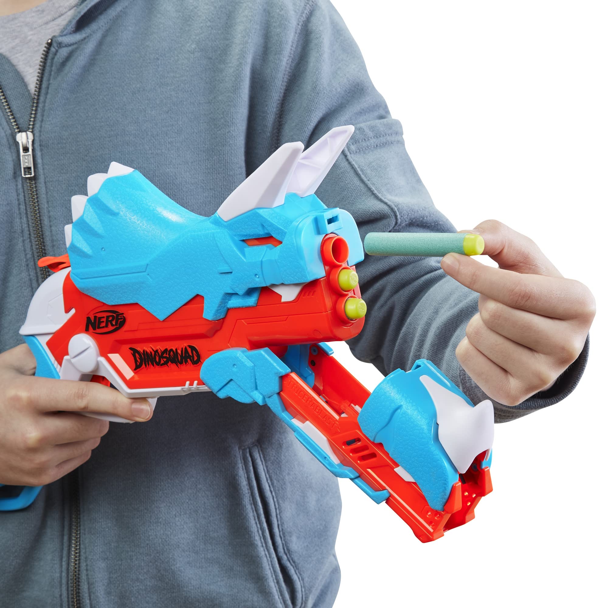 Nerf DinoSquad Tricera-Blast Dart Blaster with 12 Elite Darts - Outdoor Toy for Kids Ages 8+ - Dinosaur-Themed Foam Blaster for Boys and Girls - Perfect for Backyard Battles and Pretend Play