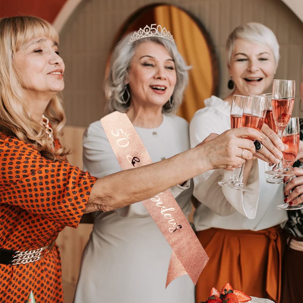 50th Birthday Tiara & Sash Set - Rose Gold Women's 50th Birthday Party Crown & Decorations | Perfect 50th Birthday Gift for Women | Great for Milestone Birthday Celebrations, Photo Shoots & Special Occasions