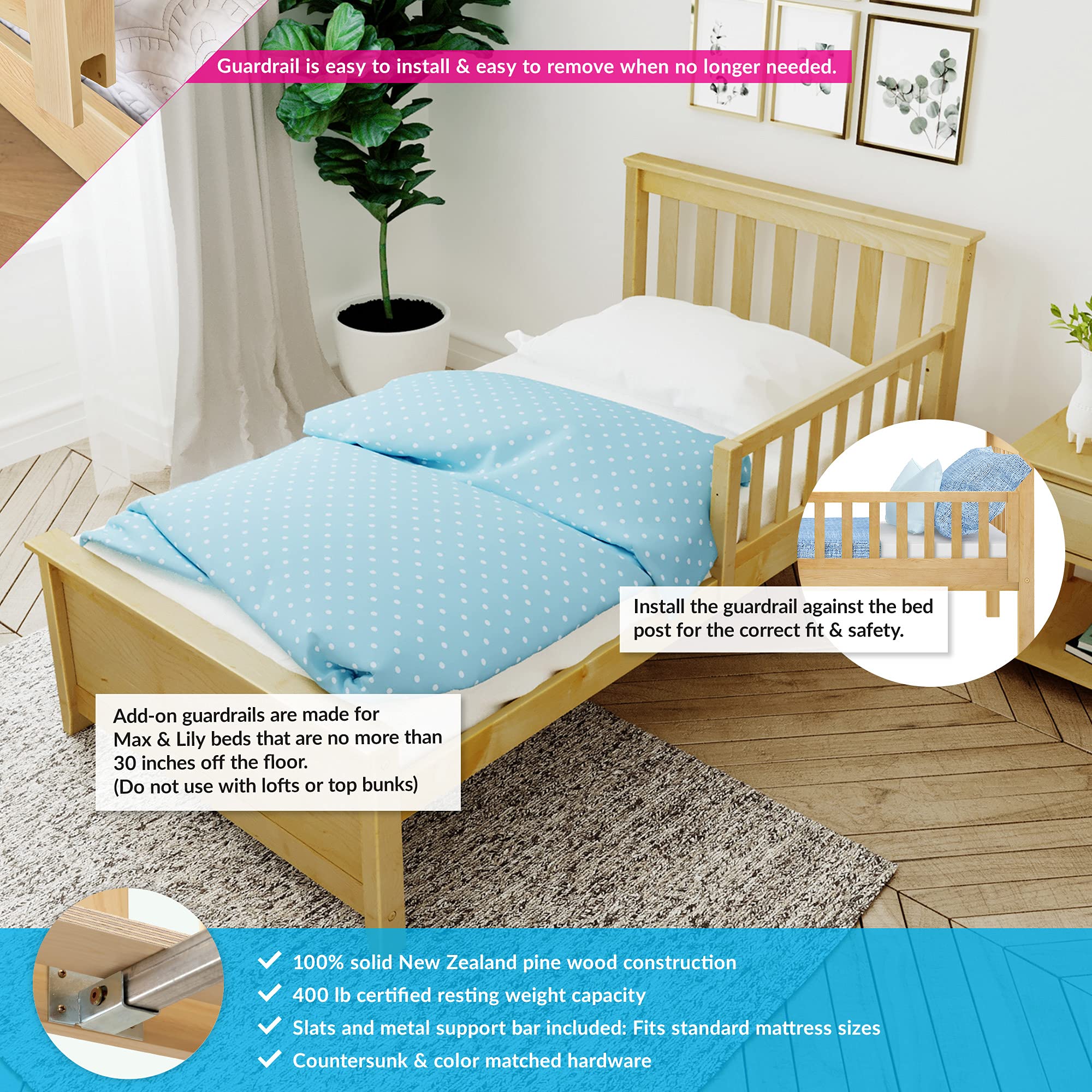 Max & Lily Twin Bed Frame with Headboard & Guard Rail - Solid Wood Slatted Design for Kids & Teens - Perfect for Bedrooms, Dorms & Guest Rooms