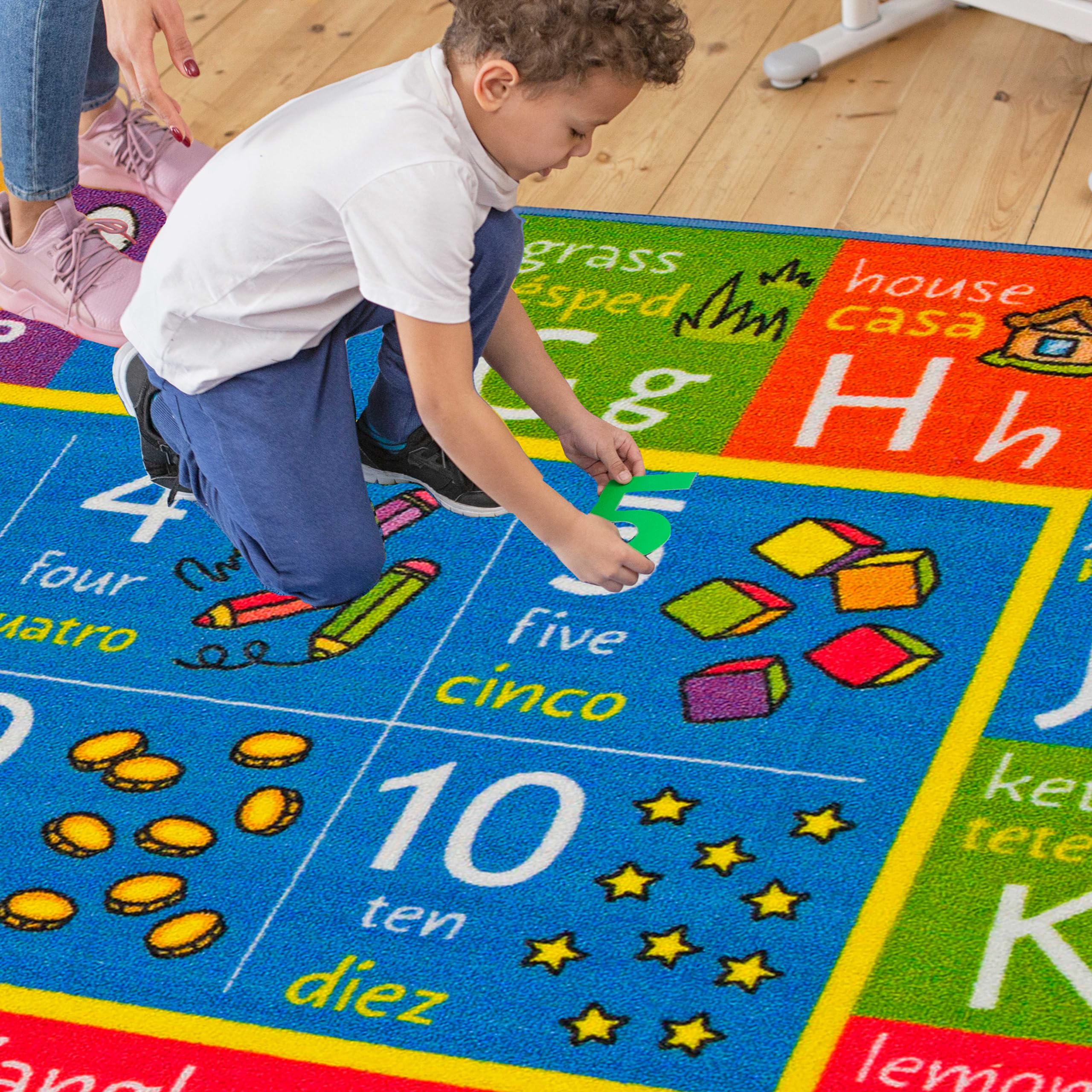 KC Cubs ABC Alphabet, Seasons, Days & Spanish Bilingual Educational Rug - Kids Learning Play Mat for Bedroom, Classroom & Playroom - Perfect for Toddler Activities & Early Childhood Education