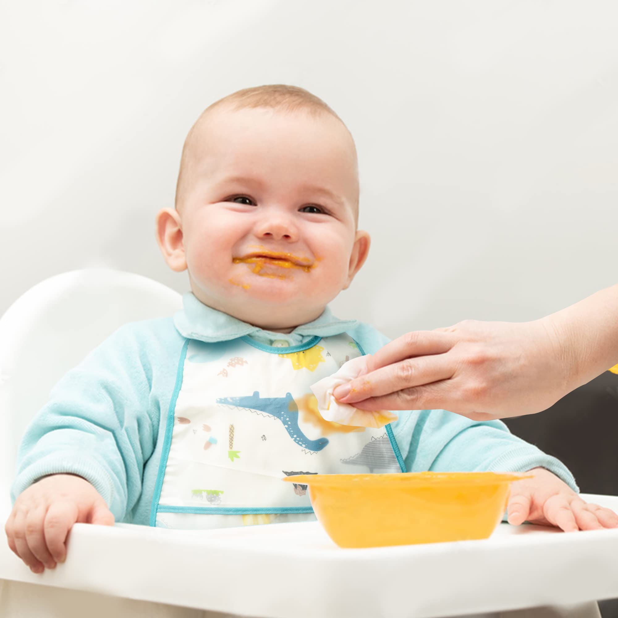 R HORSE 5-Pack Waterproof Baby Bibs with Crumb Catcher Pocket & Snap Buttons - Soft Feeding Bib Set for Infants 6-24 Months - Perfect for Mealtime, Travel & Daycare Use