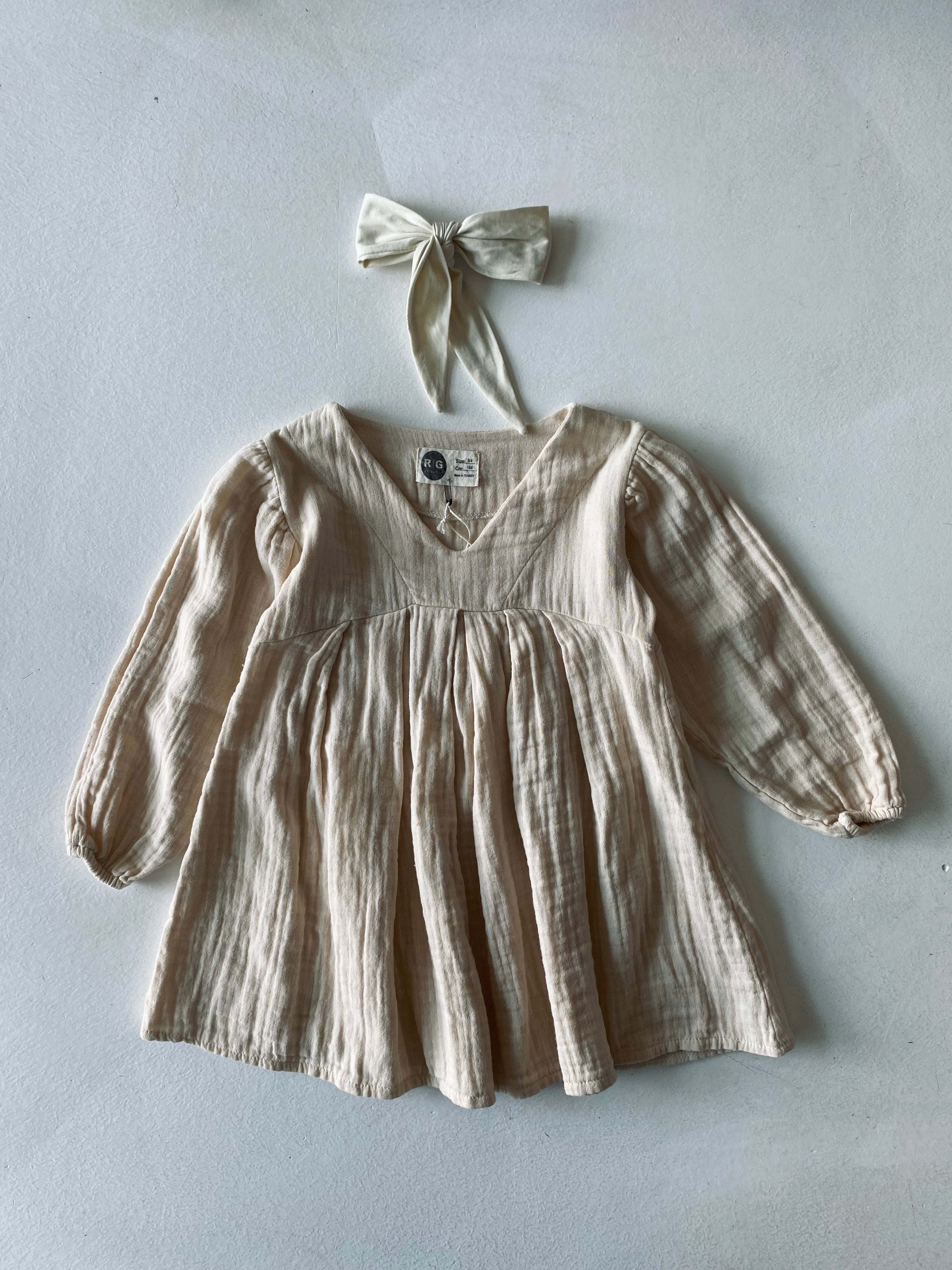 Organic Cotton Muslin Long Sleeve Pleated V-Neck Dress for Baby Girls - Perfect for Playdates, Photo Shoots & Special Occasions