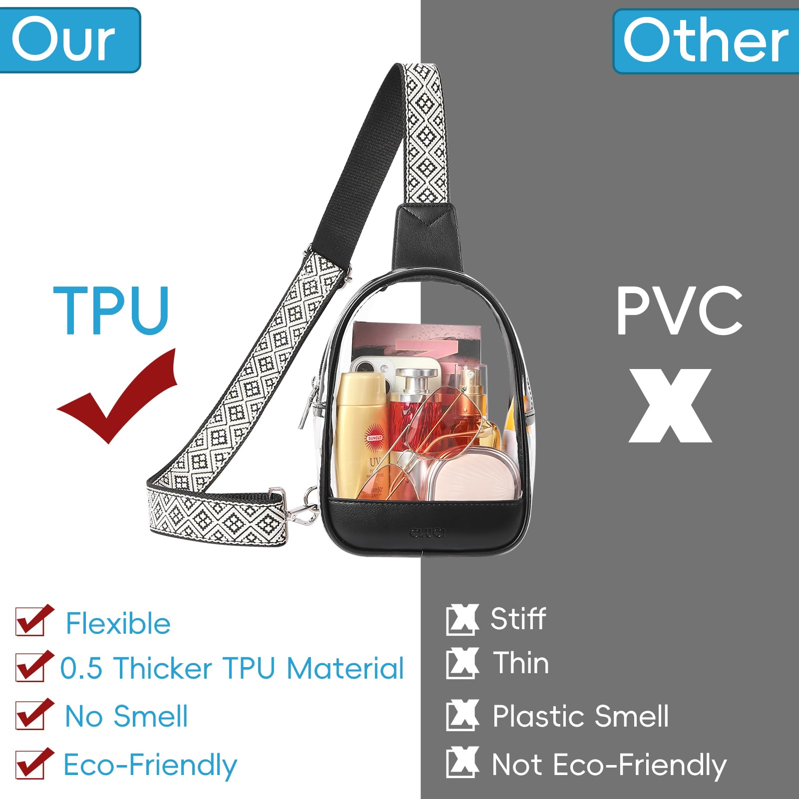 CLUCI Clear Crossbody Bag for Women - Transparent Stadium Purse for Concerts, Sports Events & Security Check | Fashionable & Functional Clear Bag for Stadiums, Festivals, Travel & Theme Parks