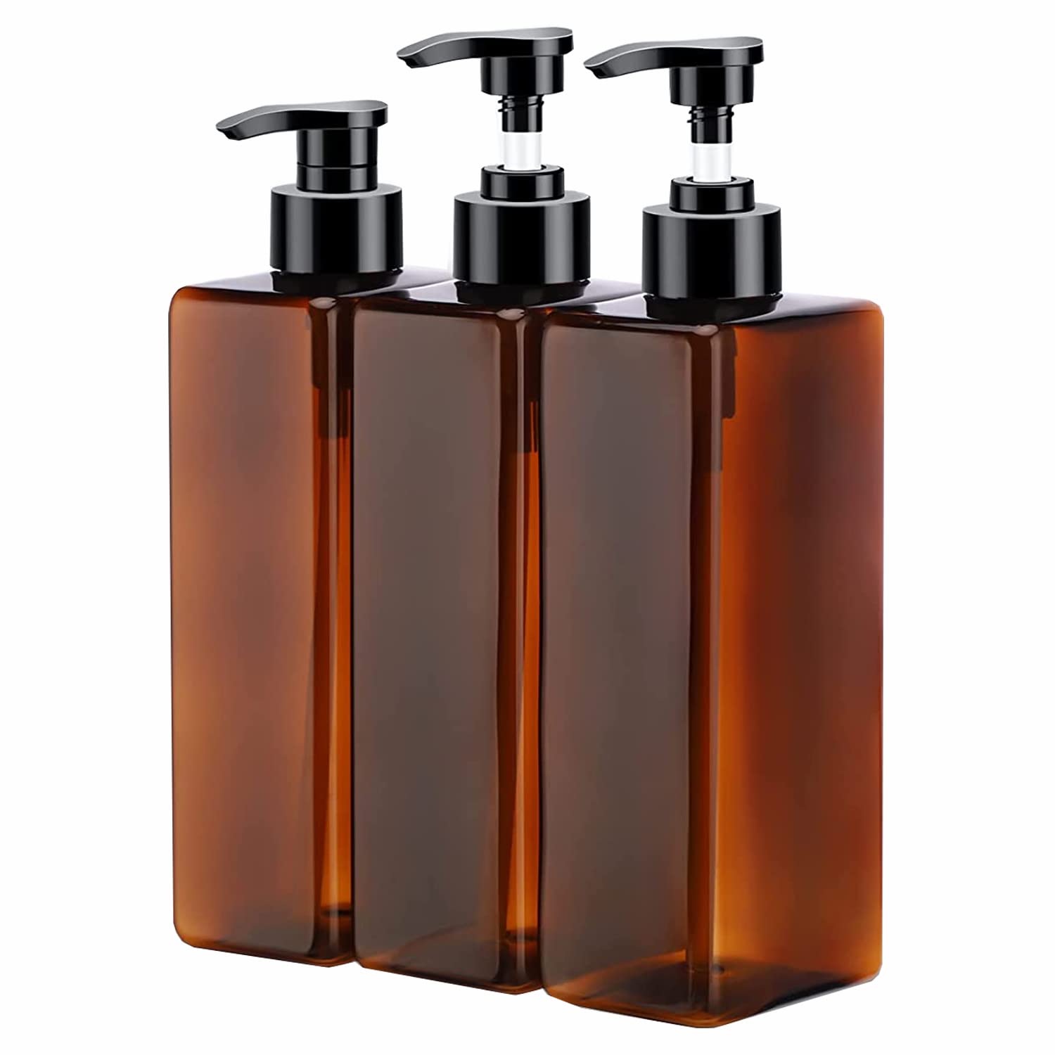 3-Pack 16.9oz (500ml) Amber Plastic Refillable Shampoo Bottles with Press Pump - Empty Shampoo Dispenser for Body Wash, Conditioner & Shower Gel - Perfect for Bathroom, Gym, Travel & Home Organization