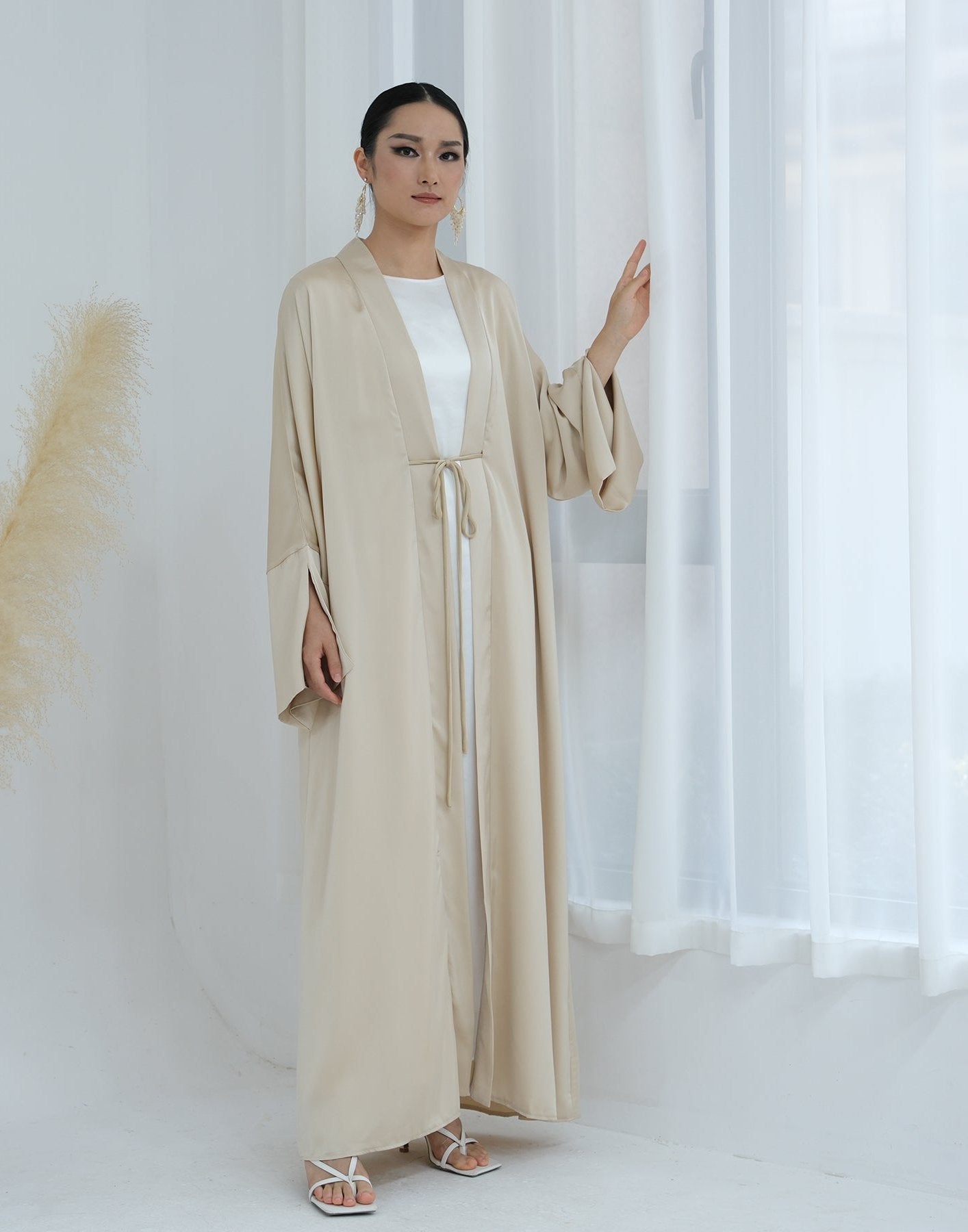 Lavinia Satin Open Abaya Beige - Elegant Muslim Prayer Dress for Women, Perfect for Mosque, Eid & Special Occasions