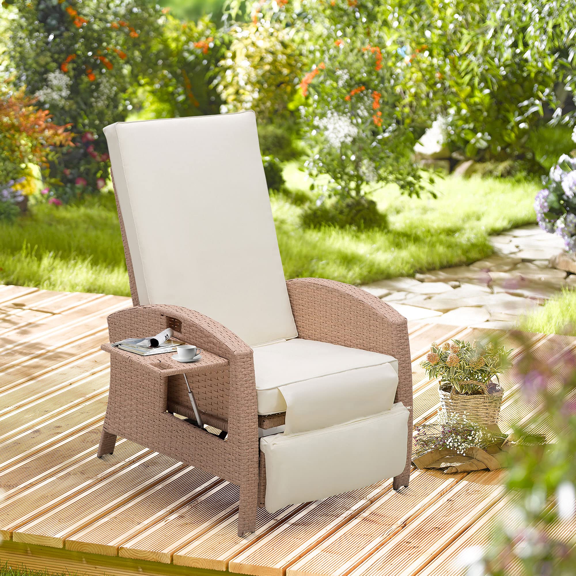 Outsunny Patio Recliner - Outdoor Reclining Lounge Chair with Adjustable Backrest, Flip-Up Side Table & Footrest - All-Weather Wicker Metal Frame Chaise Lounge with Cushions (Beige) - Perfect for Poolside, Backyard, Garden & Patio Relaxation