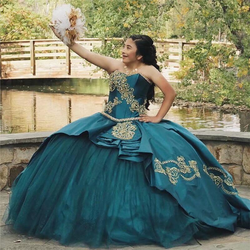 Gold Embroidered Beaded Quinceanera Dresses for Damas | Plus Size Ball Gown Prom Sweet 16 Dress for Women 2025 | Perfect for Quinceañeras, Proms, and Formal Events
