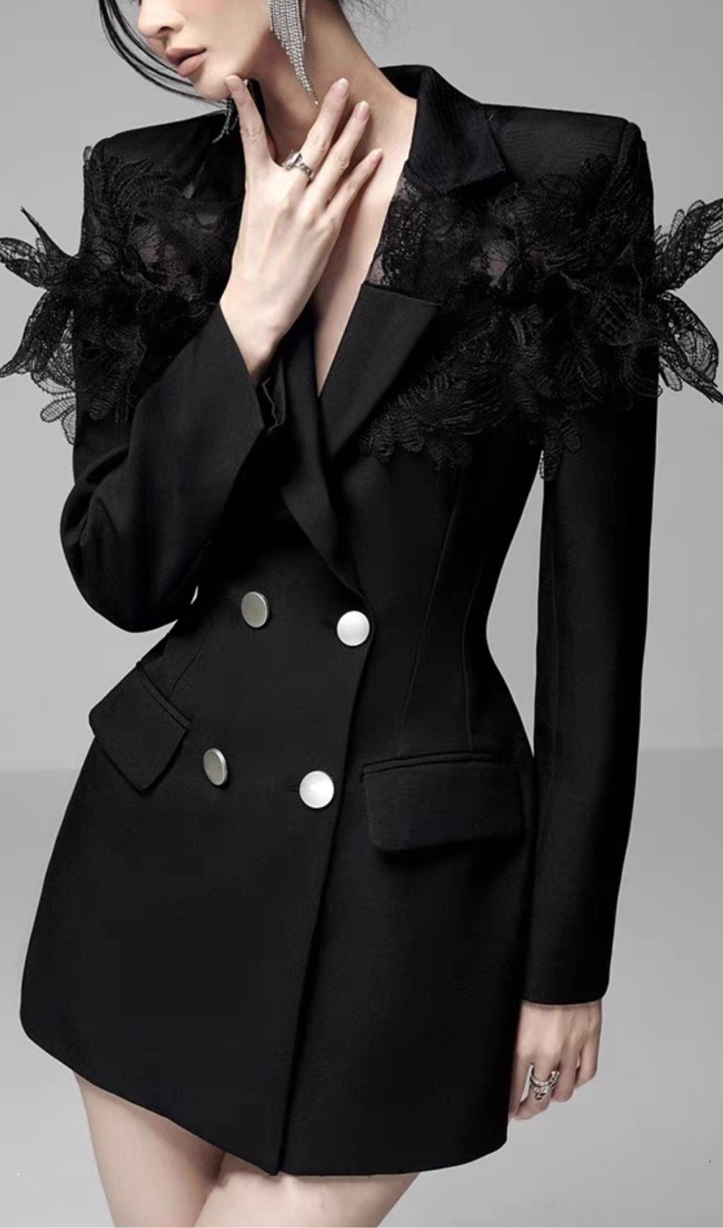 Elegant Black 3D Embroidered Suit Dress for Women - Perfect for Office, Parties & Formal Events