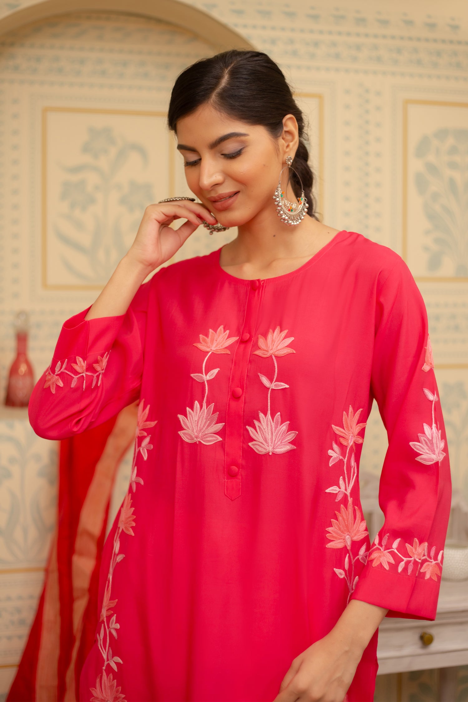 Falak Kashmiri Long Kurta - Pink Muslin Embroidered Women's Tunic with Aari Work | Elegant Ethnic Wear for Festivals, Weddings & Special Occasions