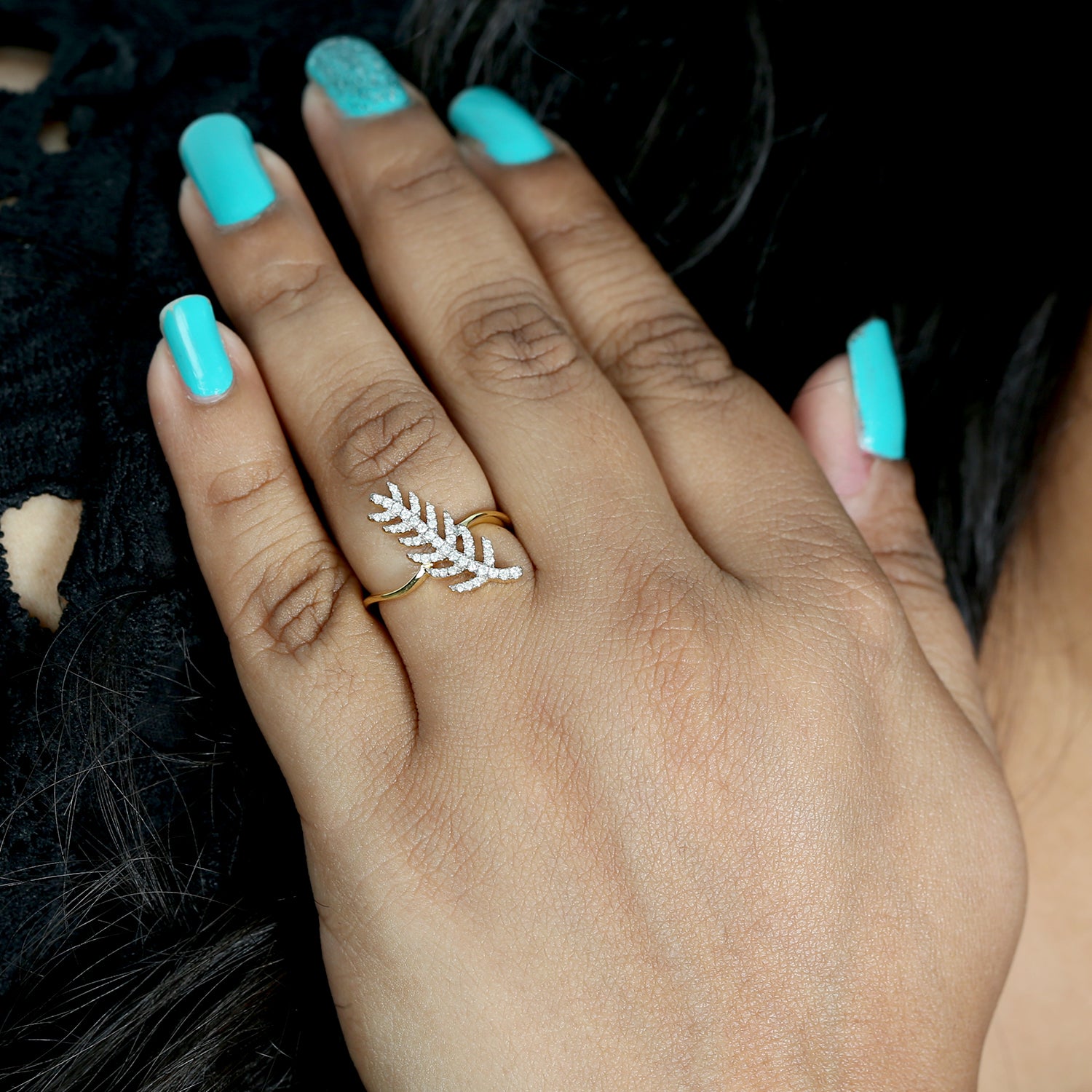 18k Yellow Gold Micro Pave Diamond Handmade Leaf Design Ring - Elegant Jewelry for Weddings, Anniversaries & Special Occasions
