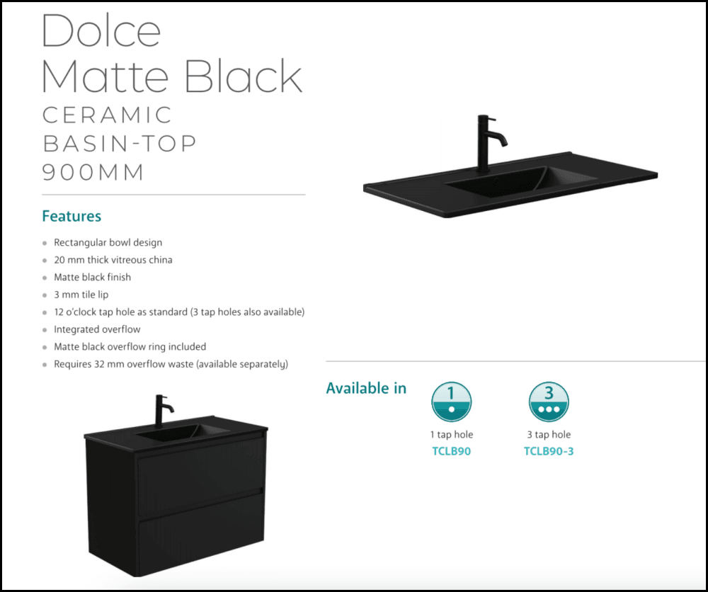 Fienza 900mm TCLB90ZKL Dolce Matte Black Bathroom Vanity with Fingerpull Satin White Finish, Left Drawers & Kickboard - Perfect for Modern Bathroom Renovations and Small Space Designs