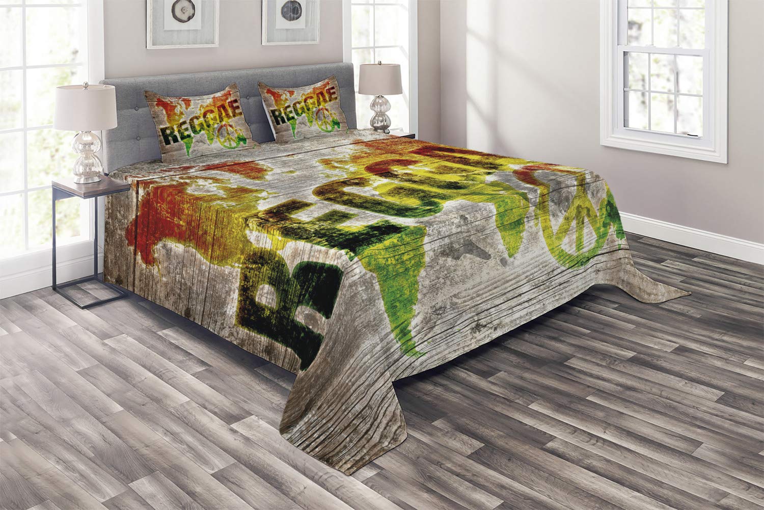 Ambesonne Rasta Coverlet Set - King Size 3-Piece Quilted Bedspread with World Map, Reggae Lettering & Peace Design, 2 Pillow Shams in Pale Brown Orange | Bohemian Home Decor for Bedroom, Dorm, Guest Room