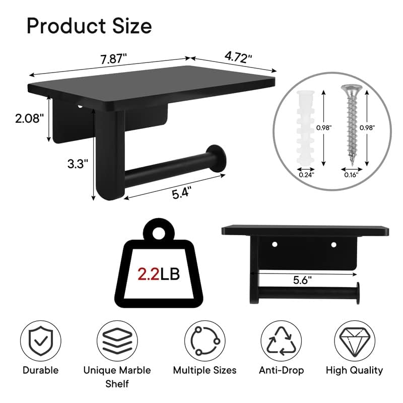 Premium Wall Mounted Toilet Paper Holder with Natural Marble Shelf - Black Bathroom Tissue Dispenser for Mega Rolls (7.87