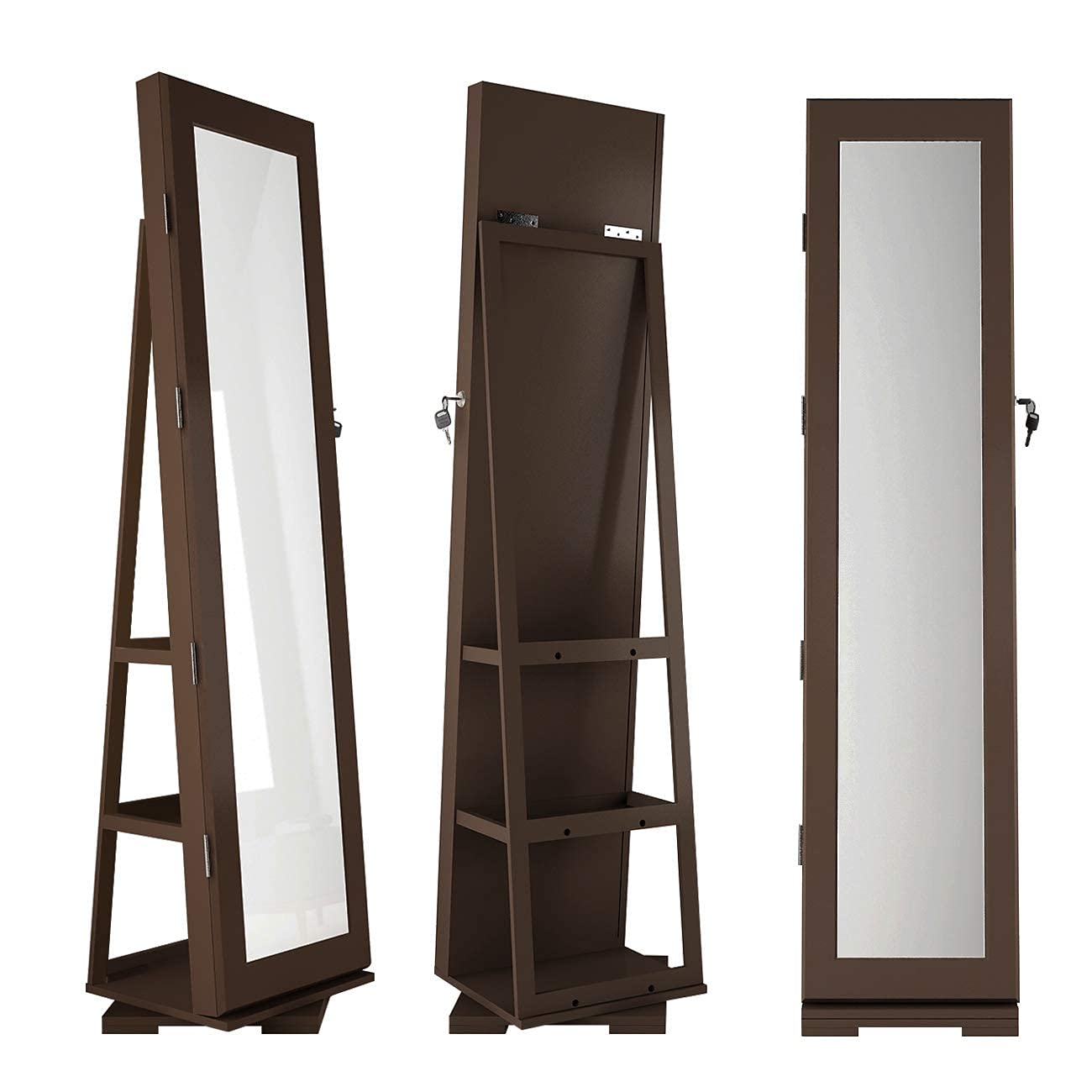 360° Rotating Jewelry Organizer with Full-Length Mirror - Lockable Wooden Jewelry Storage Cabinet for Necklaces, Rings & Accessories | Perfect for Bedroom, Closet & Dressing Room Organization