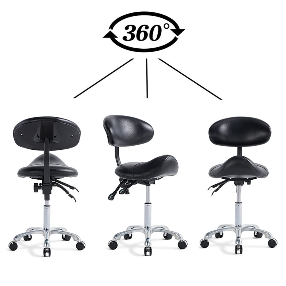 Ergonomic Rolling Saddle Stool with Back Support - Adjustable Salon Stool for Tattoo Artists, Estheticians, Dentists & Spa Professionals (Black) - Perfect for Facial Treatments, Lash Extensions & Clinic Use