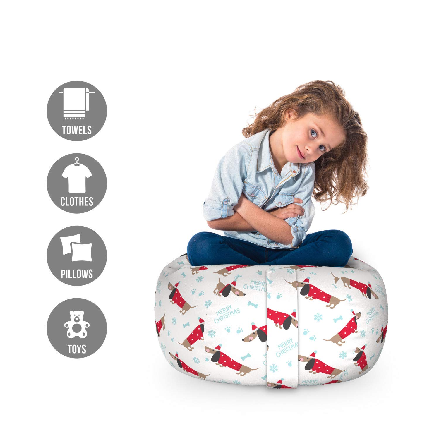 Ambesonne Dachshund Toy Storage Bag Chair - Washable Stuffed Animal Organizer with Sausage Dog & Christmas Design - Small Size in Warm Taupe & Dark Pink - Perfect for Kids' Room, Nursery, or Holiday Gift