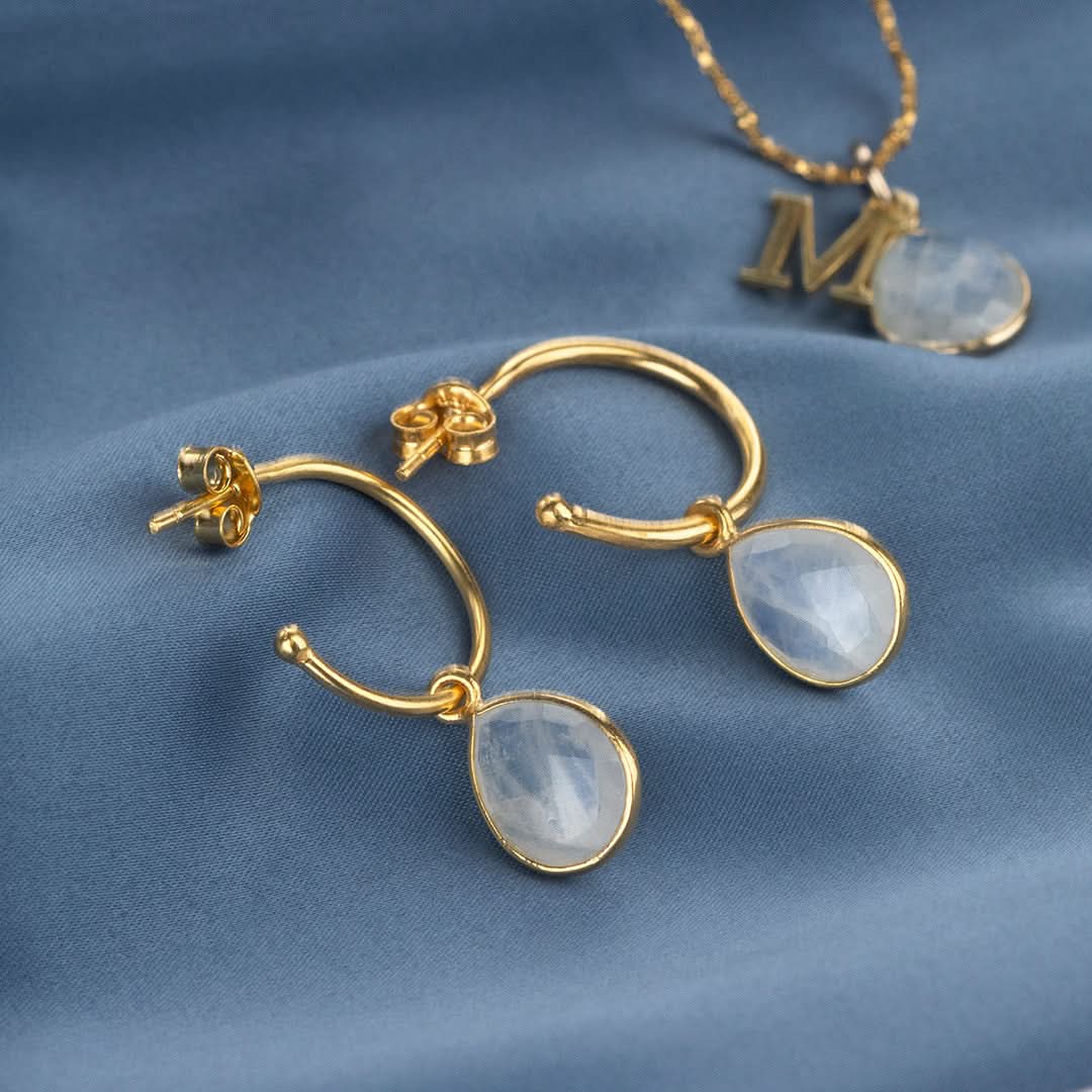 Moonstone Drop Hoop Earrings in Gold - June Birthstone Jewelry for Women | Perfect Gift for Birthday, Anniversary & Special Occasions