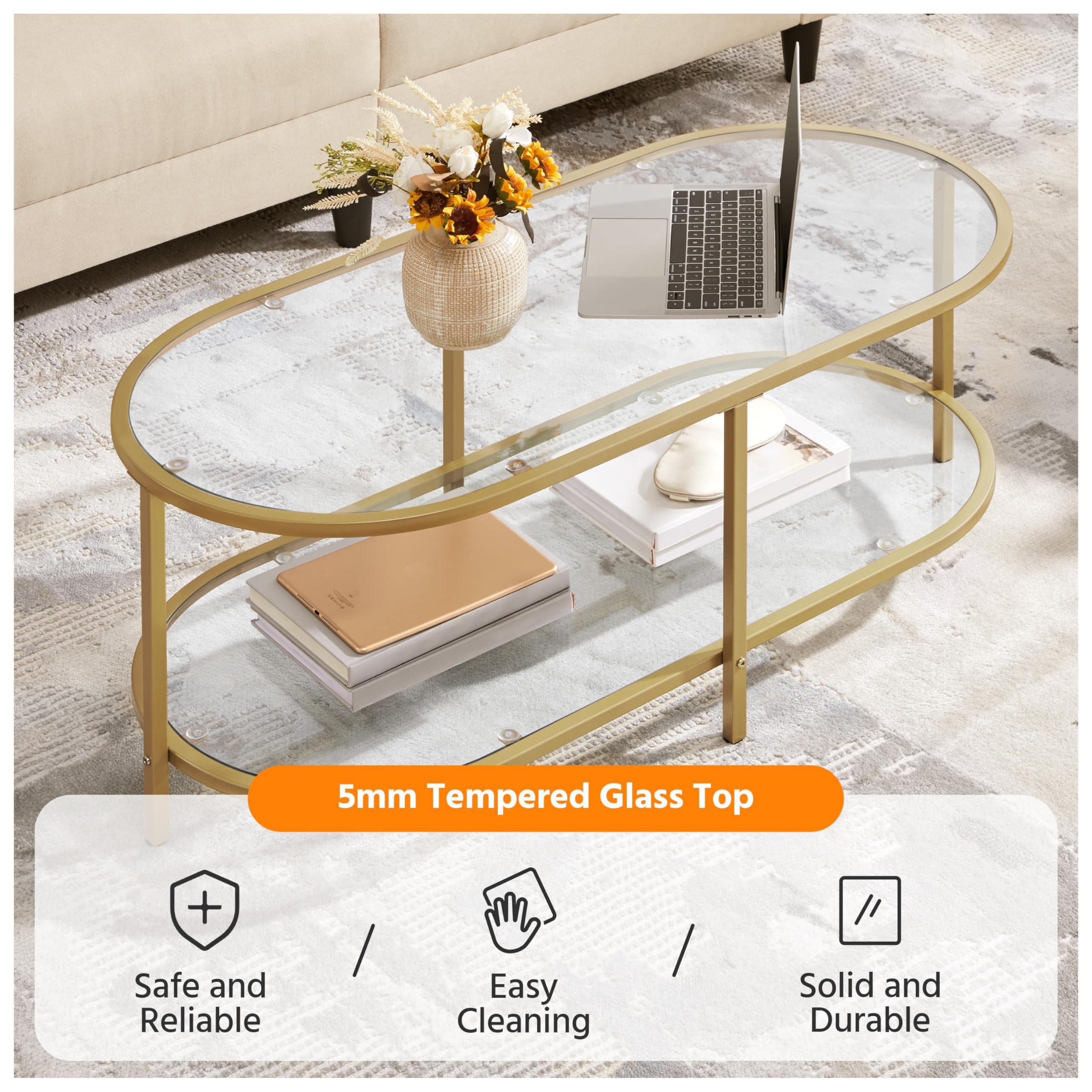 Yaheetech 42 Inch Oval Glass Coffee Table with Storage Shelf - 2-Tier Modern Center Table for Living Room, Office & Small Spaces - Perfect for Home Decor, Entertaining Guests & Compact Apartments