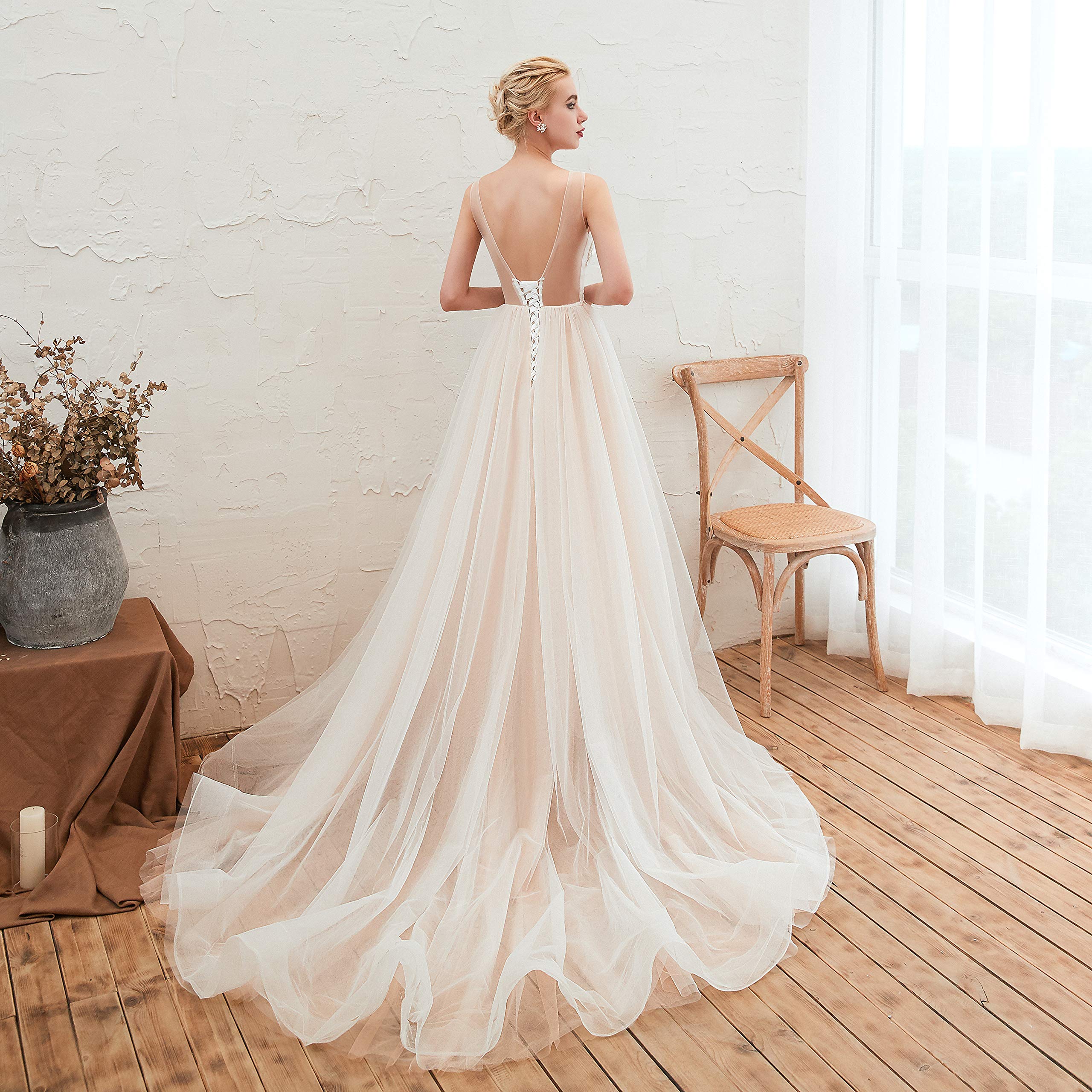 Elegant Illusion Lace A-Line Prom Wedding Dress for Women - Perfect for Beach Weddings, Formal Events & Special Occasions
