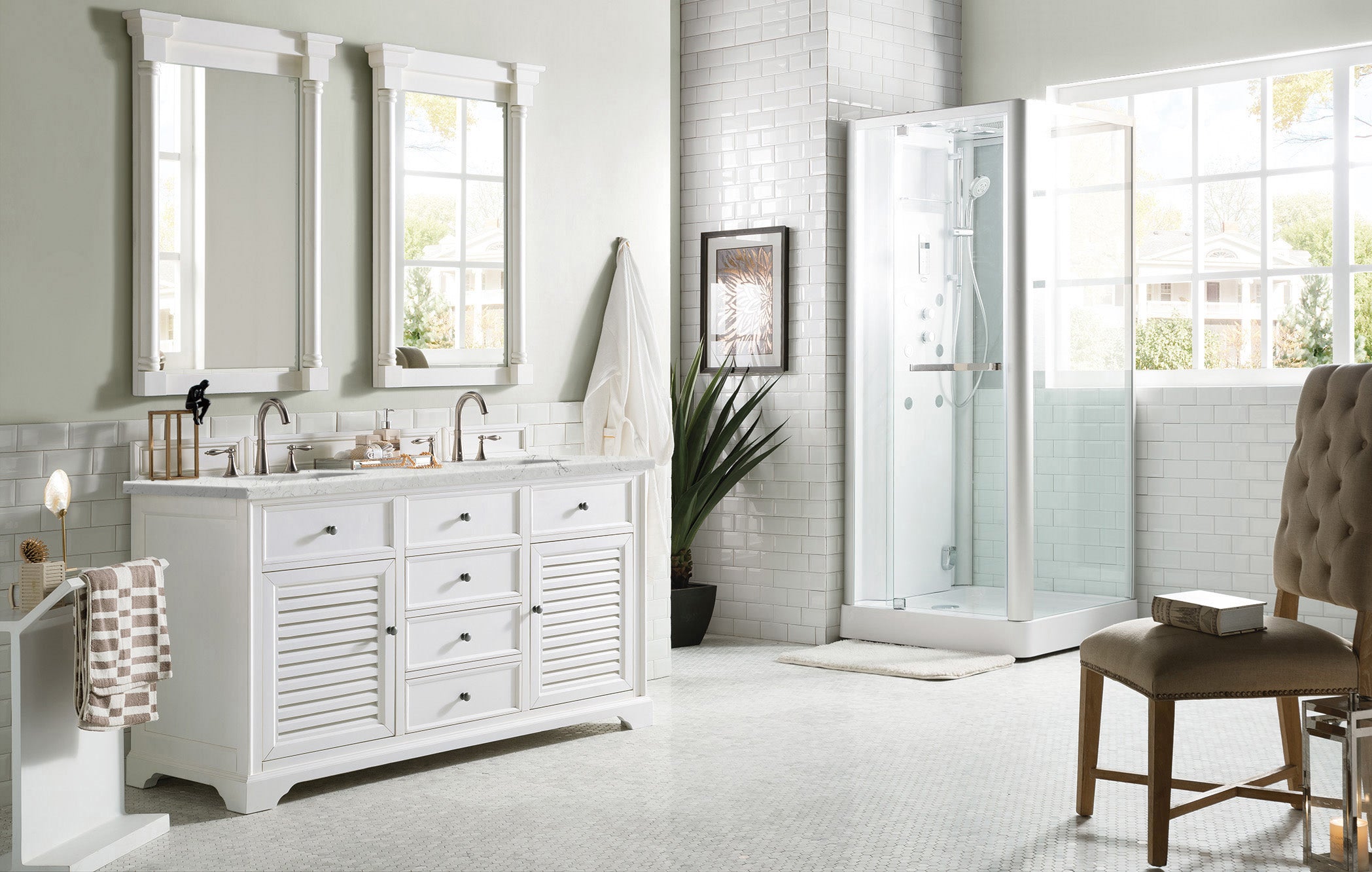 Savannah 60-Inch Double Vanity Cabinet with 3CM Eternal Jasmine Pearl Quartz Top - Bright White Bathroom Vanity for Master Bath & Guest Bath Remodel