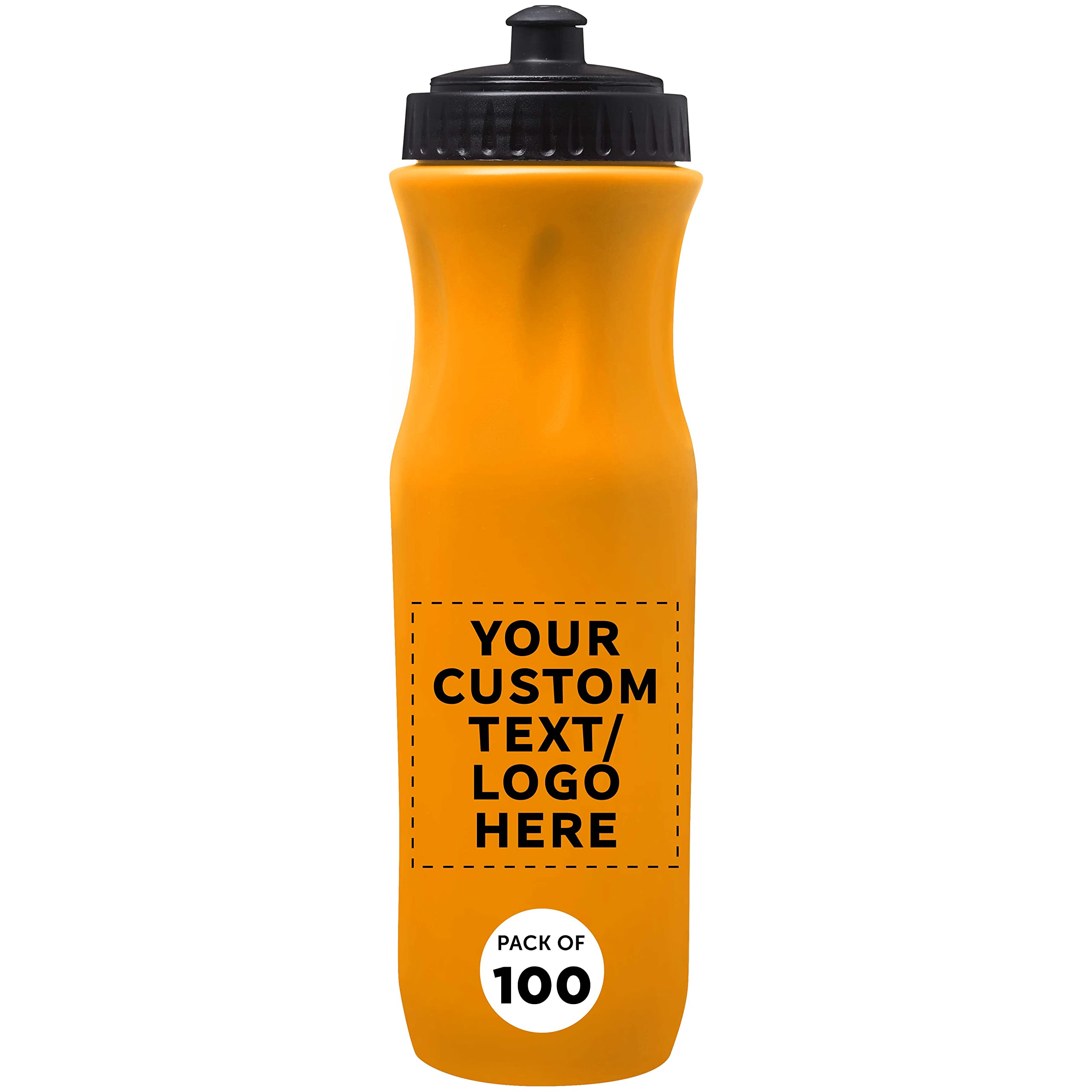 100 Pack 26oz Plastic Water Bottles with Custom Text & Logo - Black Push Top Lid - Yellow - Ideal for Sports, Events, and Promotional Giveaways