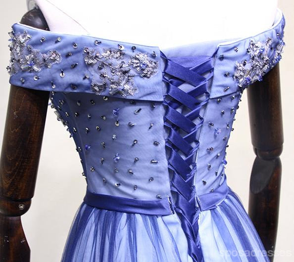Elegant Off Shoulder Blue Tulle Beaded A-Line Long Evening Prom Dress for Women - Perfect for Formal Dances, Weddings & Special Occasions