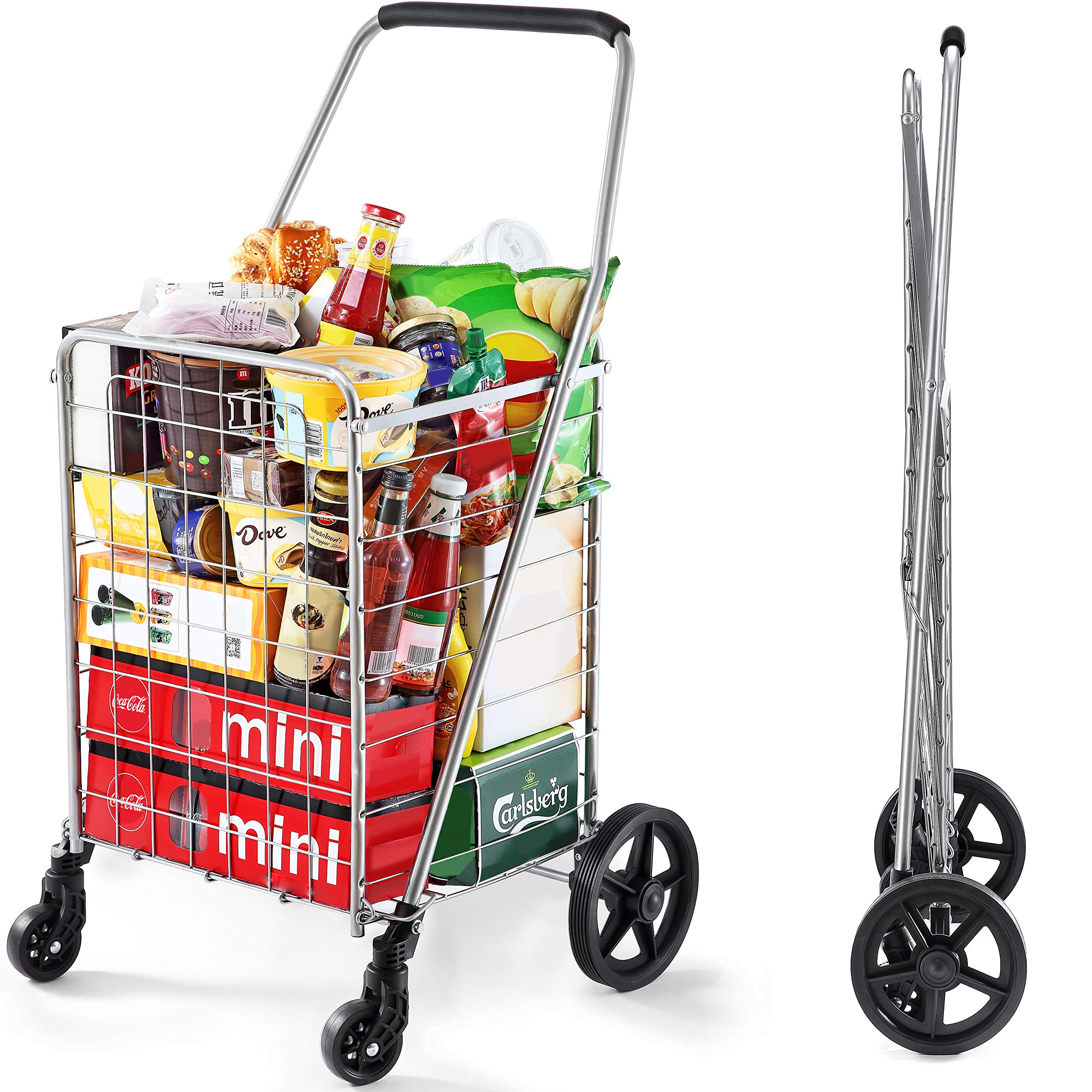 Wellmax WM99024S Heavy Duty Collapsible Grocery Shopping Cart with Swivel Wheels - Portable & Space Saving Lightweight Utility Trolley for Groceries, Laundry, and Outdoor Market Trips