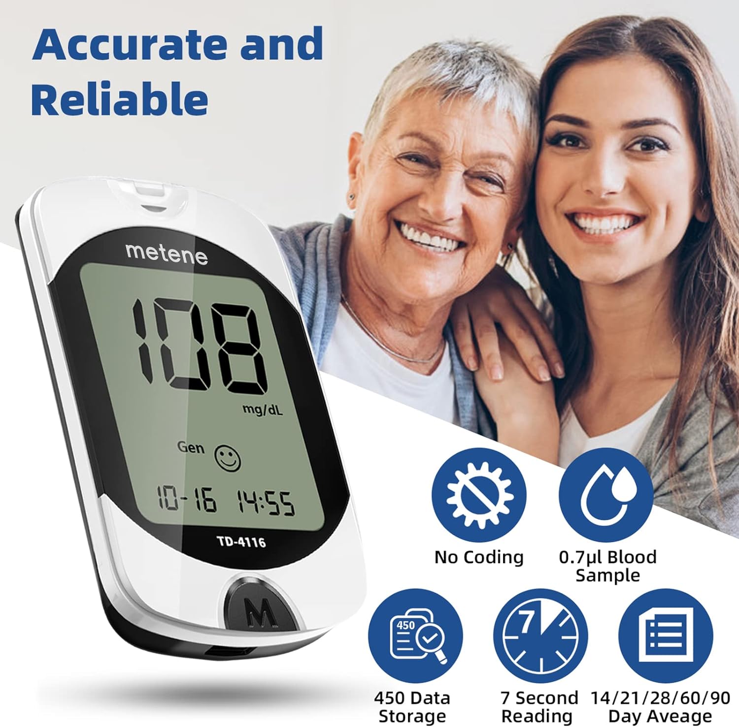 Accu-Chek TD 4116 Blood Glucose Monitor Kit - 100 Test Strips, 100 Lancets, Lancing Device & Control Solution - No Coding Glucometer with Large Display for Diabetes Testing at Home or Travel