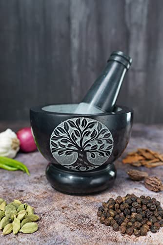 Handmade Black Marble Mortar and Pestle Set with Tree of Life Design - 4 Inch Spice Grinder for Kitchen, Herbs & Cooking | Perfect Gift & Home Decor for Ayurveda, Apothecary & Culinary Use