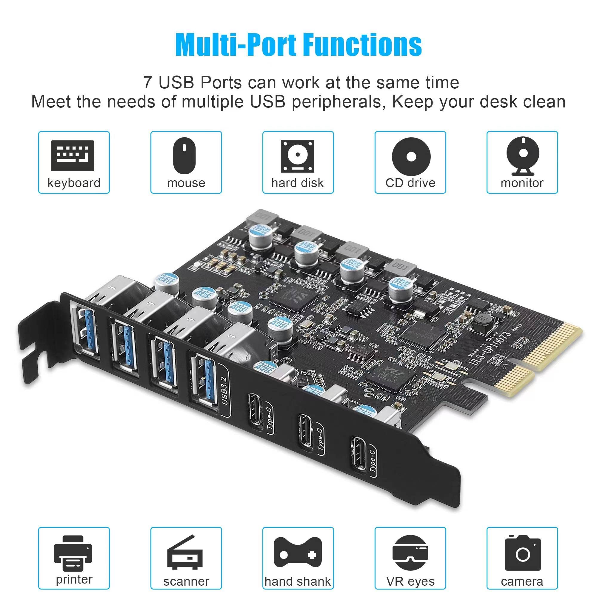 High-Speed PCIe to USB 3.2 Gen 2 Expansion Card - 20Gbps Bandwidth with 7 Ports (4x USB-A & 3x USB-C) for Desktop Computers | Perfect for VR Setups, External Storage & Multi-Device Charging Stations