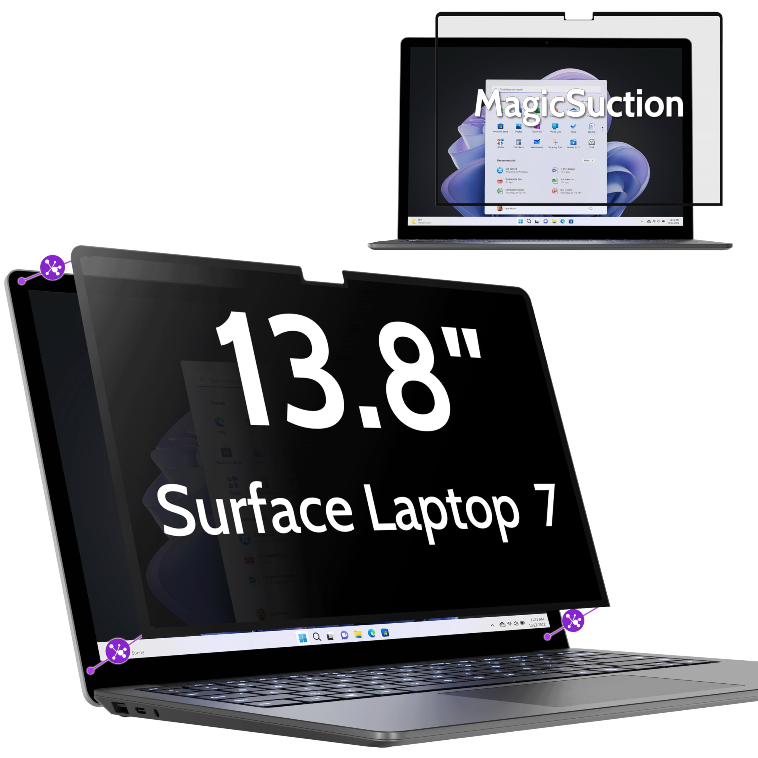 13.8 Inch Privacy Screen Protector for Microsoft Surface Laptop 7 - Anti-Spy Removable Filter with MagicSuction™ Technology, Blue Light & Glare Reduction for Office, Home & Travel Use