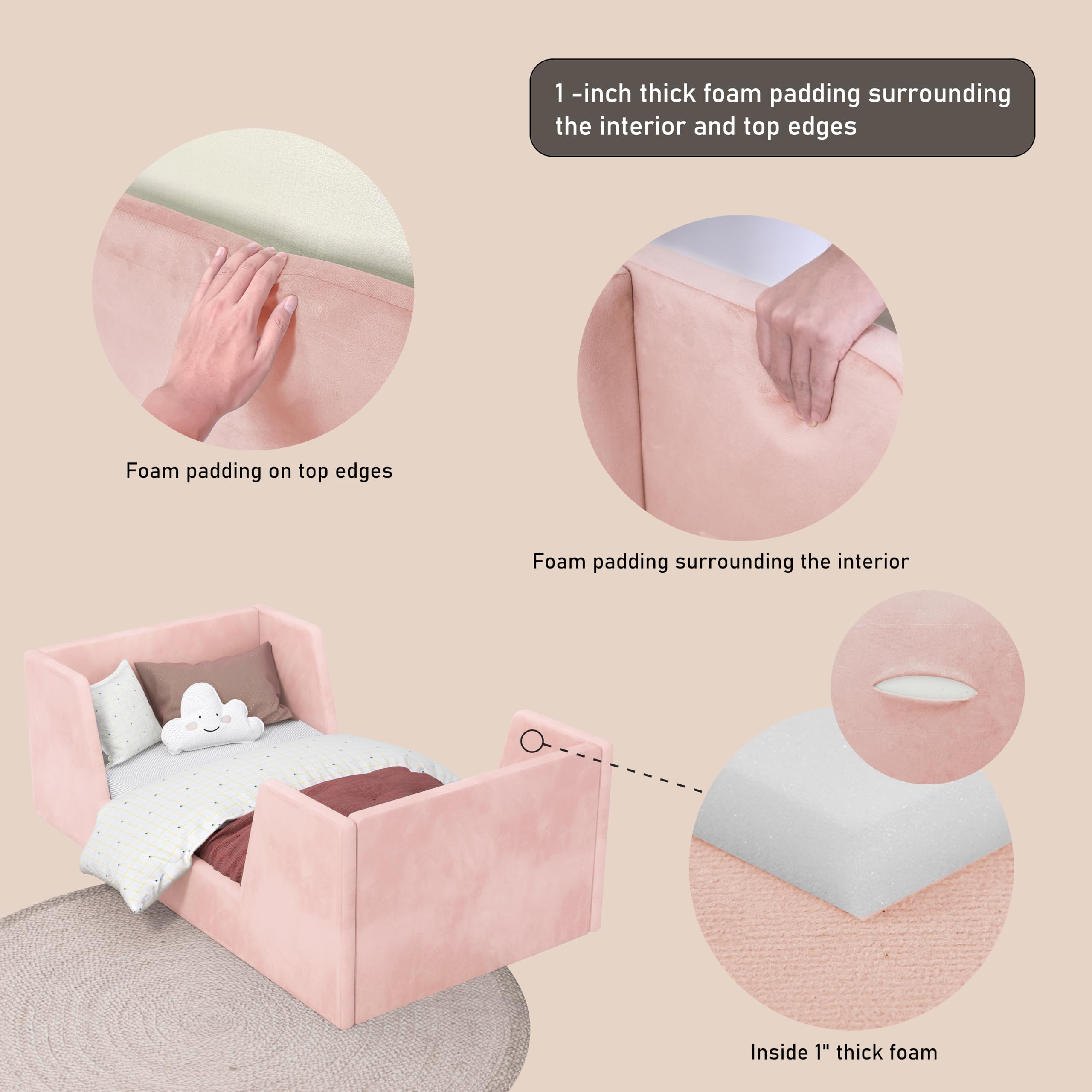 **Toddler Floor Bed with Guard Rails - Safe & Sturdy Kids Bed for Ages 2-6 Years | Standard Crib Mattress Compatible | Certified Fabric Toddler Bed for Boys & Girls | Perfect for Bedrooms, Daycare & Montessori Rooms**