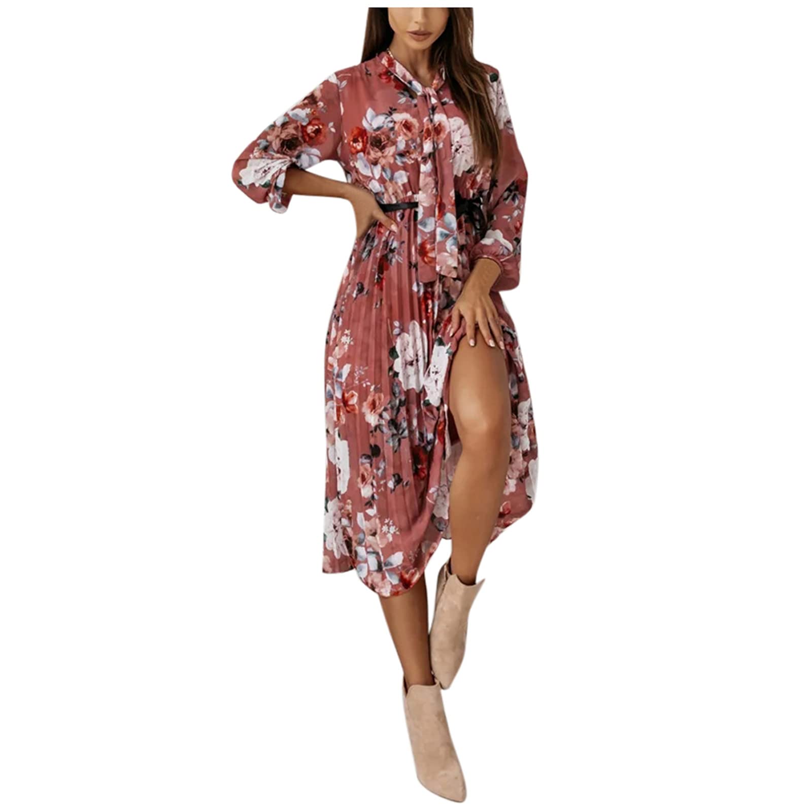 Floral Print Women's Long Sleeve Midi Dress with Belt - Elegant Round Neck Party & Wedding Dress for Special Occasions