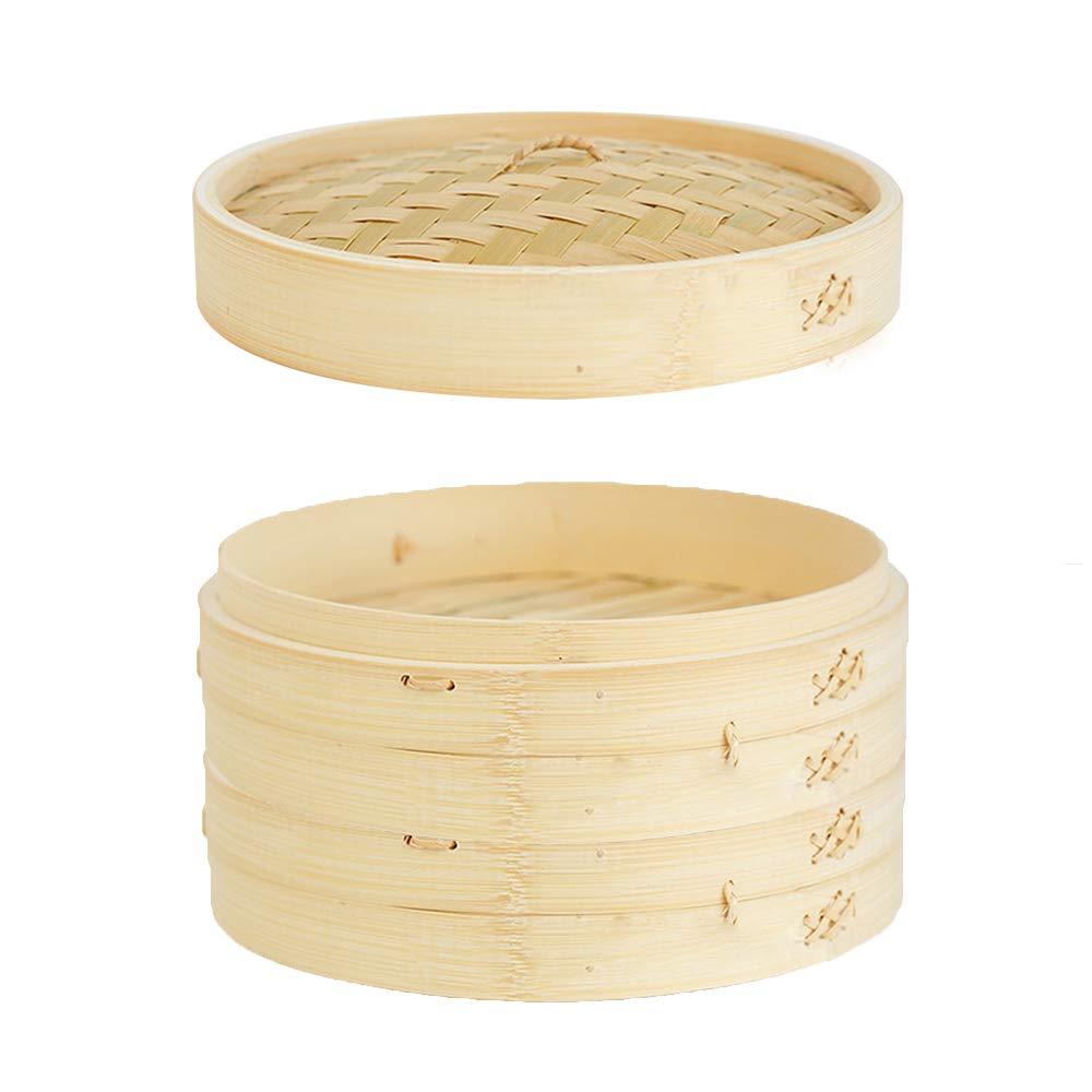 Autek 4-Tier Bamboo Steamer Basket with Lid - 9.8 Inch Handwoven Dim Sum & Vegetable Steamer - Perfect for Dumplings, Fish, Rice & Asian Cooking (25cm) - Ideal for Home Kitchens & Restaurant Use