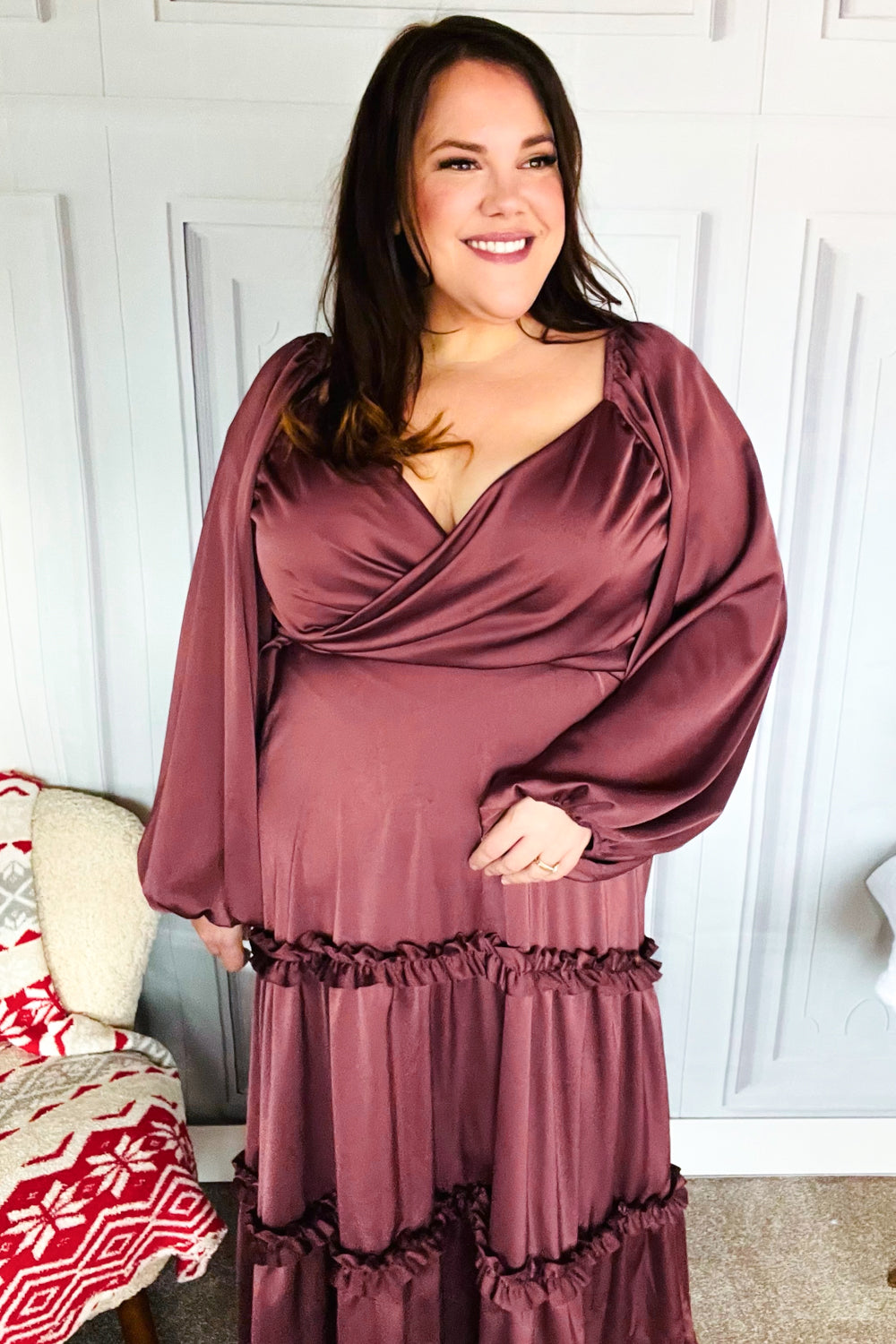 Holiday Vibes Wine Satin Front Overlap Smocked Back Maxi Dress for Women - Elegant Party Gown for Christmas, New Year & Special Occasions