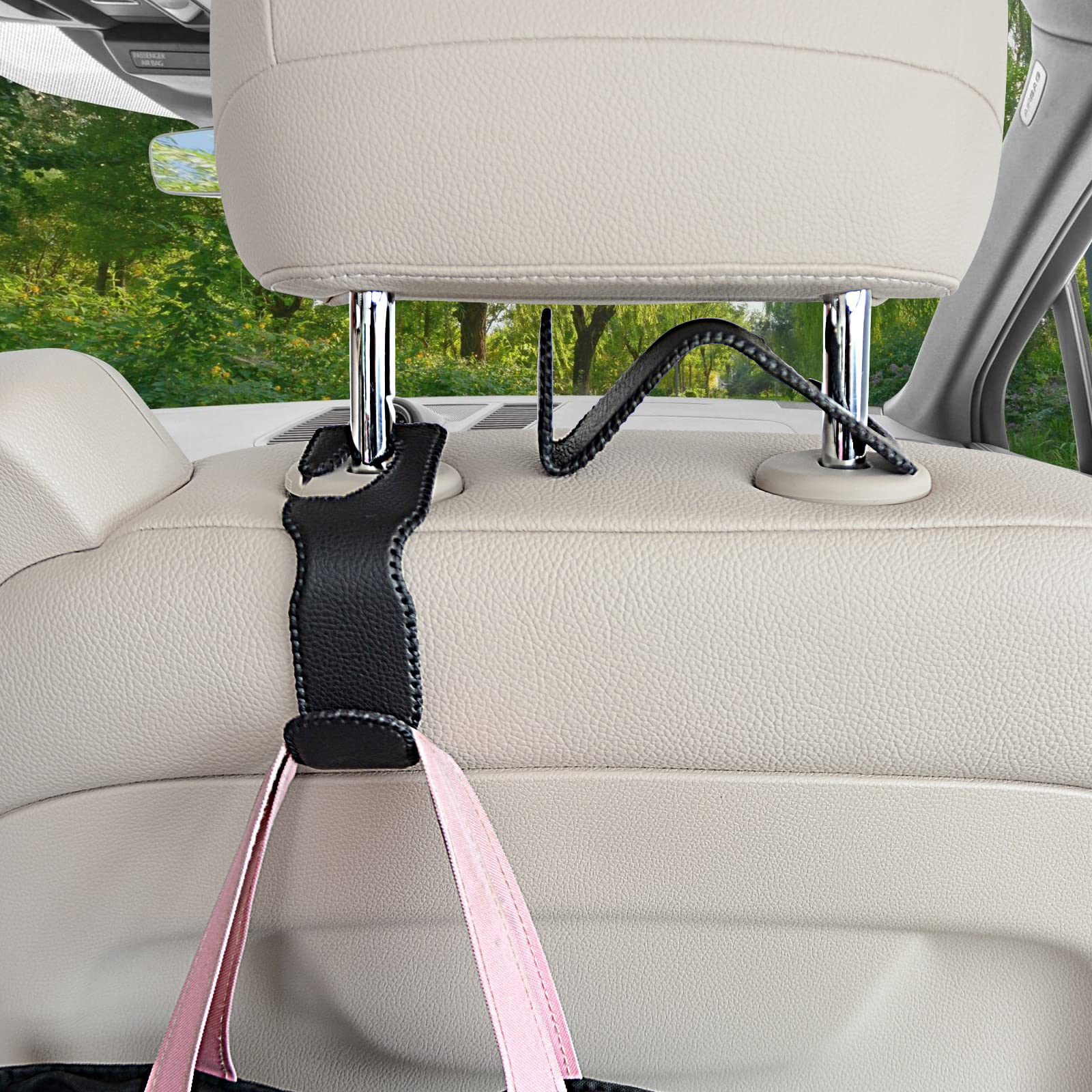 4 PCS Premium Leather Car Purse Hooks - Heavy Duty Car Bag Holder for Back Seat Headrest, Organizer for Coats, Umbrellas & Grocery Bags (Black) - Perfect for Road Trips, Shopping & Daily Commute