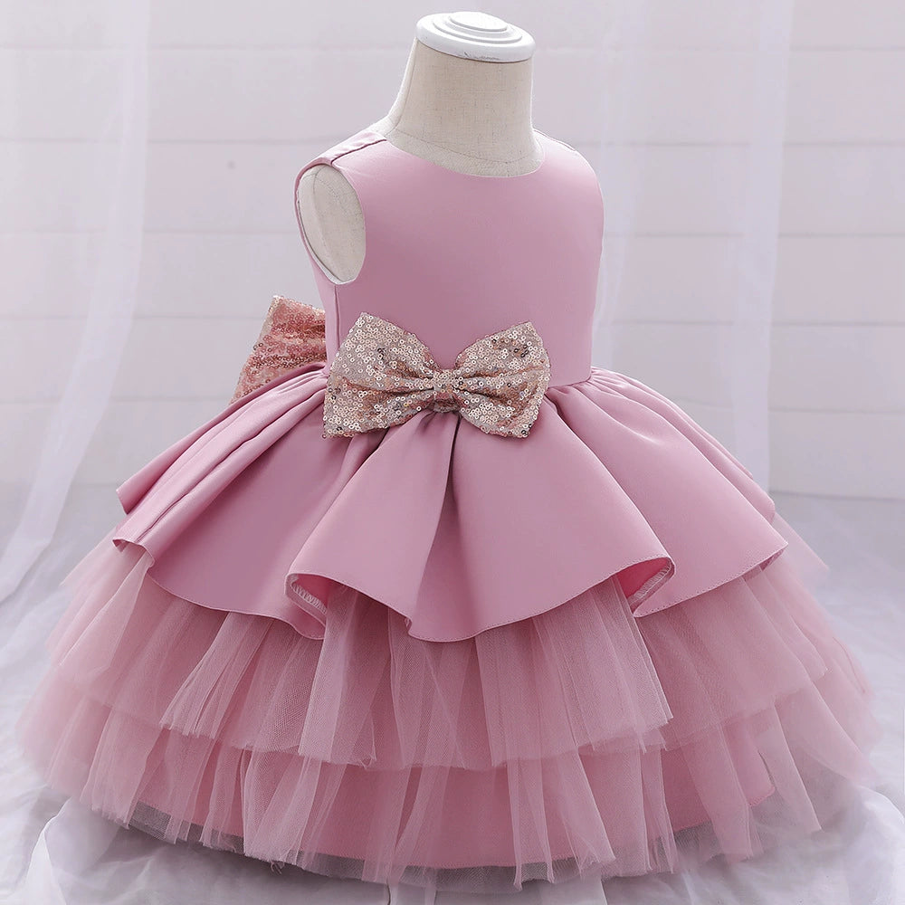 Pink Princess Round Tea Length Satin Flower Girl Dress - Elegant Flower Girl Attire for Weddings, Birthday Parties & Special Occasions