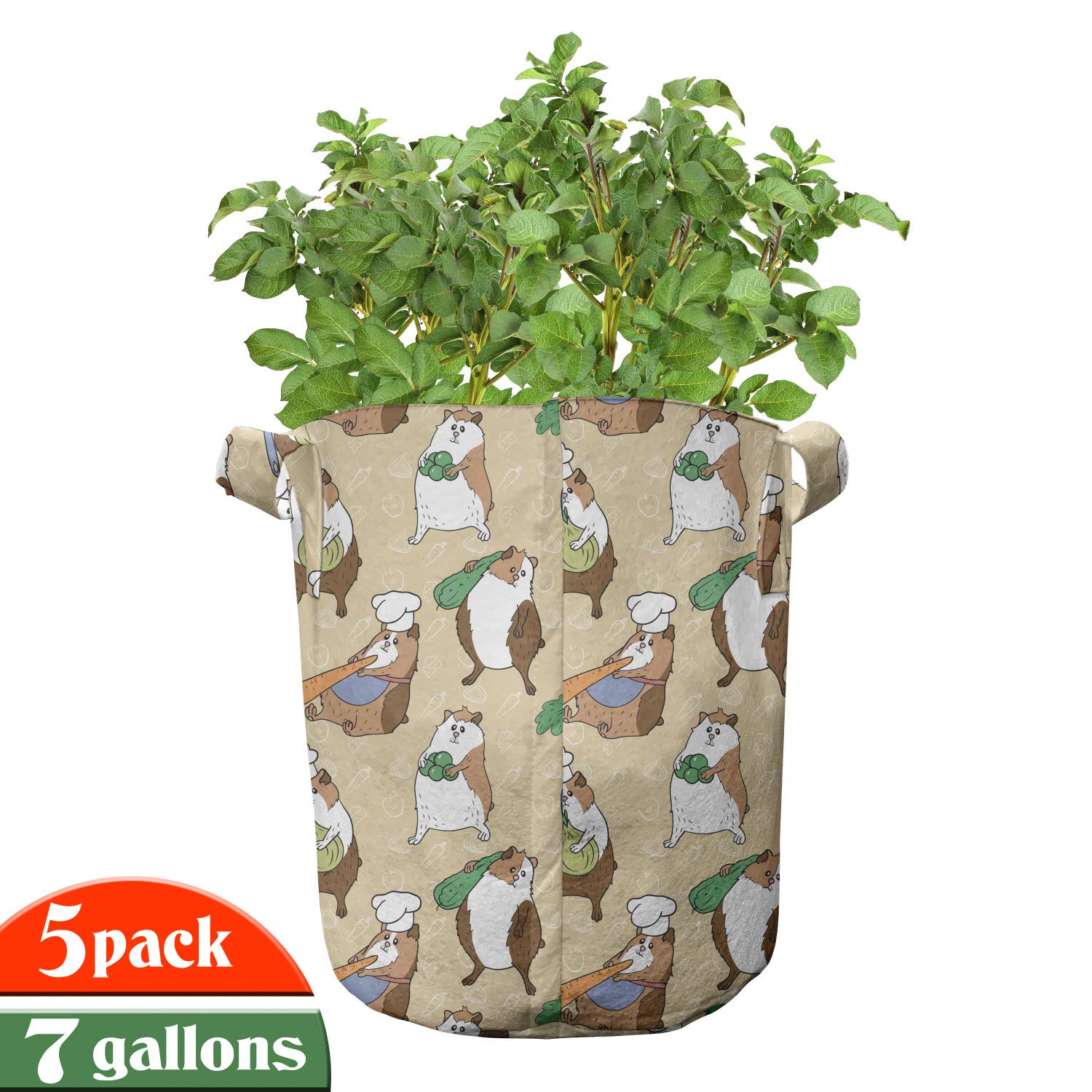 Lunarable 5-Pack Guinea Pig Grow Bags - Heavy Duty 7 Gallon Fabric Plant Pots with Handles, Chef Animals & Carrot Design, Multicolor - Perfect for Indoor/Outdoor Gardening, Vegetables, Herbs & Flowers
