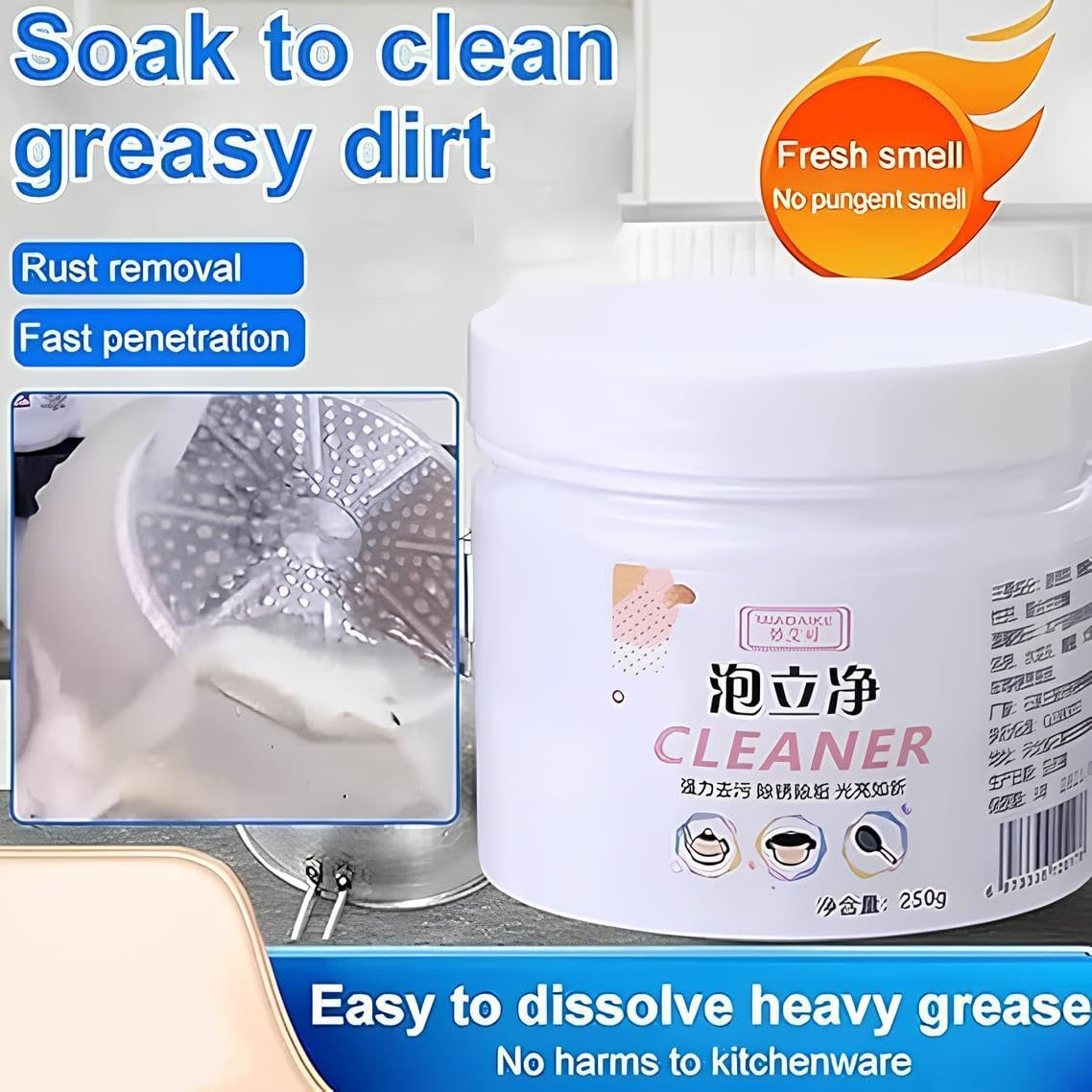 KLEVA All Kitchen Active Oxygen Cleaner Powder - Multi-Purpose Stain, Oil & Grease Remover for Kitchen, Utensils & Sanitary Areas | Rust Cleaner | 250g | Perfect for Deep Cleaning Stoves, Sinks & Cookware