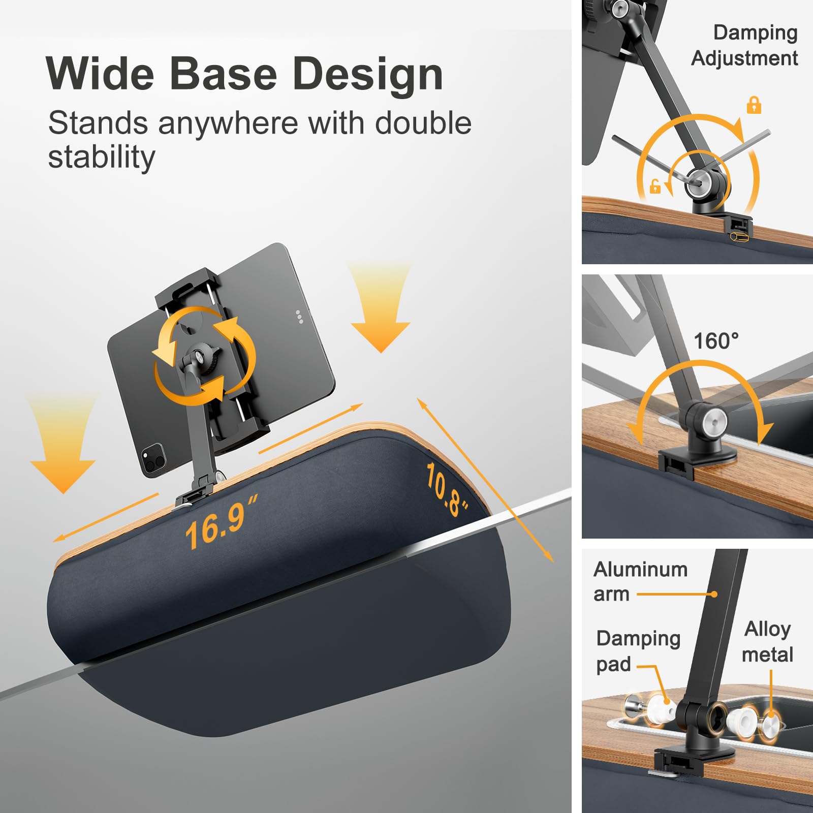 Adjustable Lap Beanbag Tablet Stand with 360° Rotating Clip & Snack Bowl - Compatible with iPad, Kindle, and Phones 4.7-13